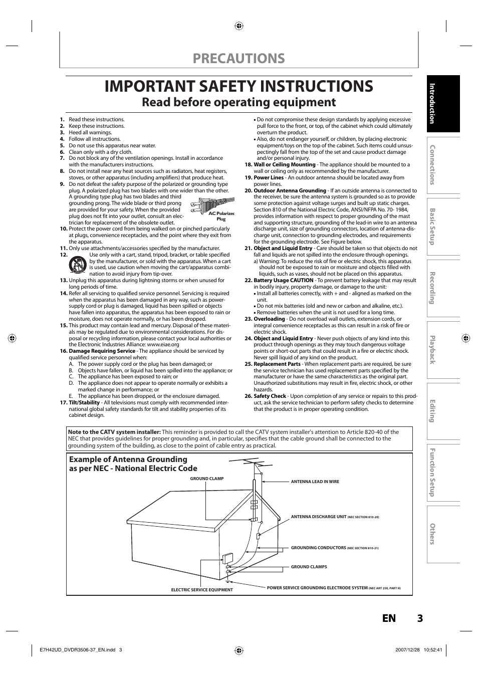 Important safety instructions, Precautions, Read before operating equipment | Philips DVDR3537 User Manual | Page 3 / 108