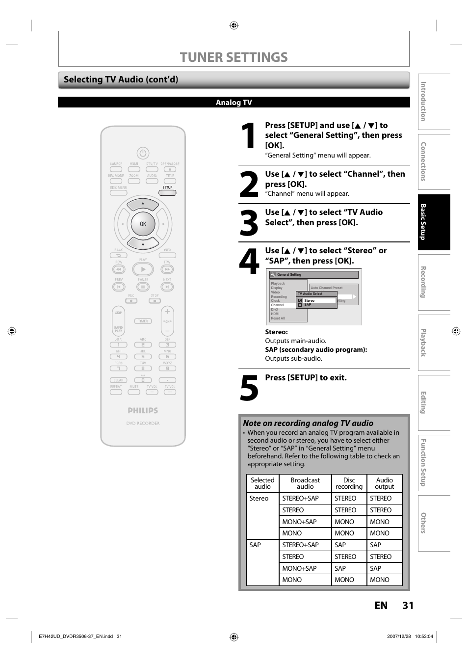 Tuner settings, 31 en | Philips DVDR3537 User Manual | Page 31 / 108