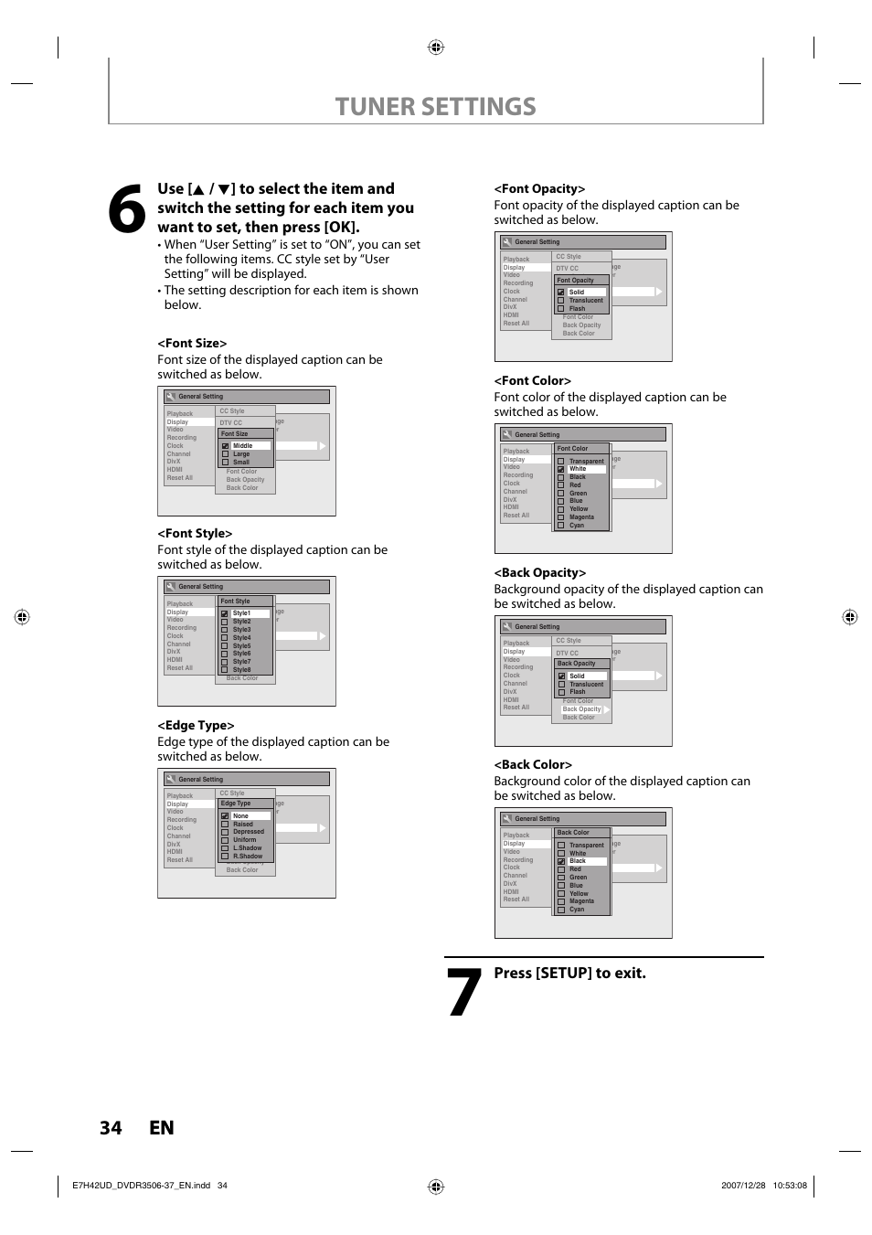 Tuner settings, 34 en 34 en, Press [setup] to exit | Philips DVDR3537 User Manual | Page 34 / 108