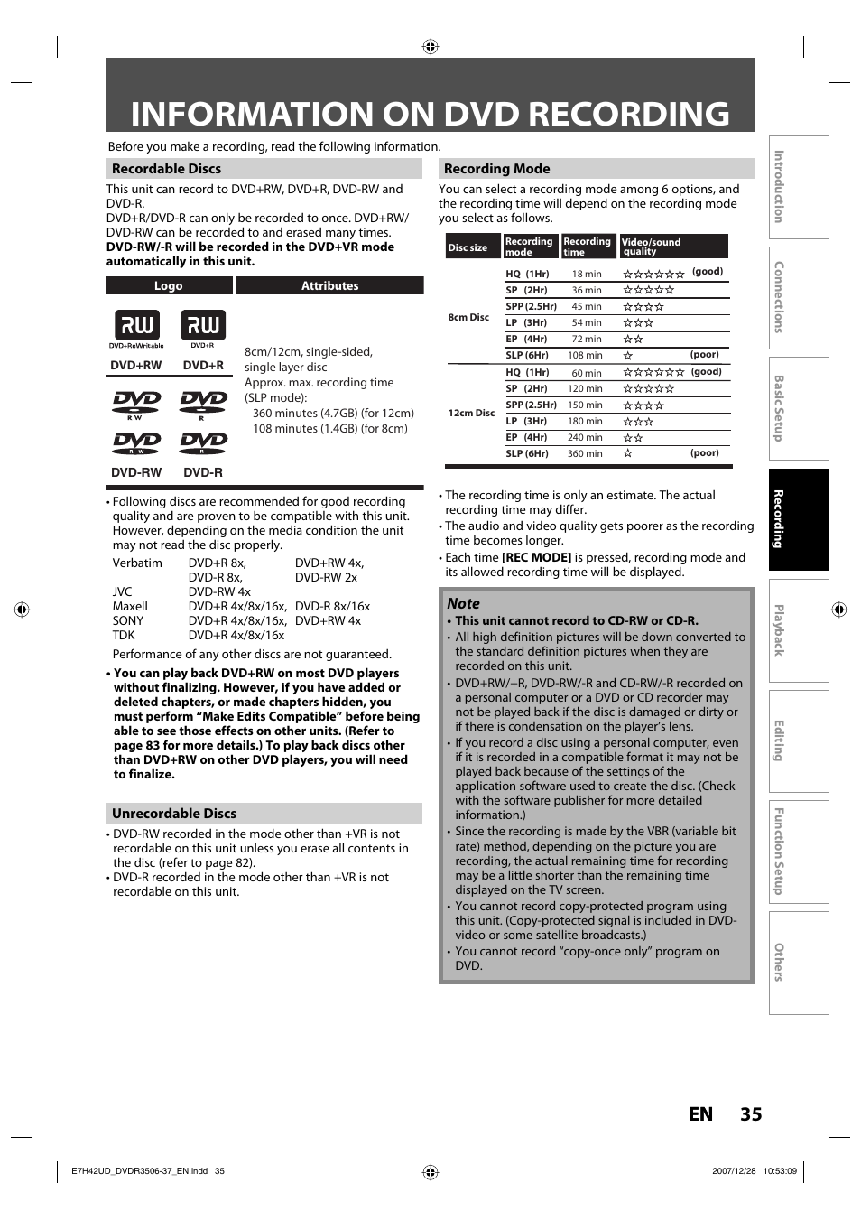 Information on dvd recording, 35 en | Philips DVDR3537 User Manual | Page 35 / 108