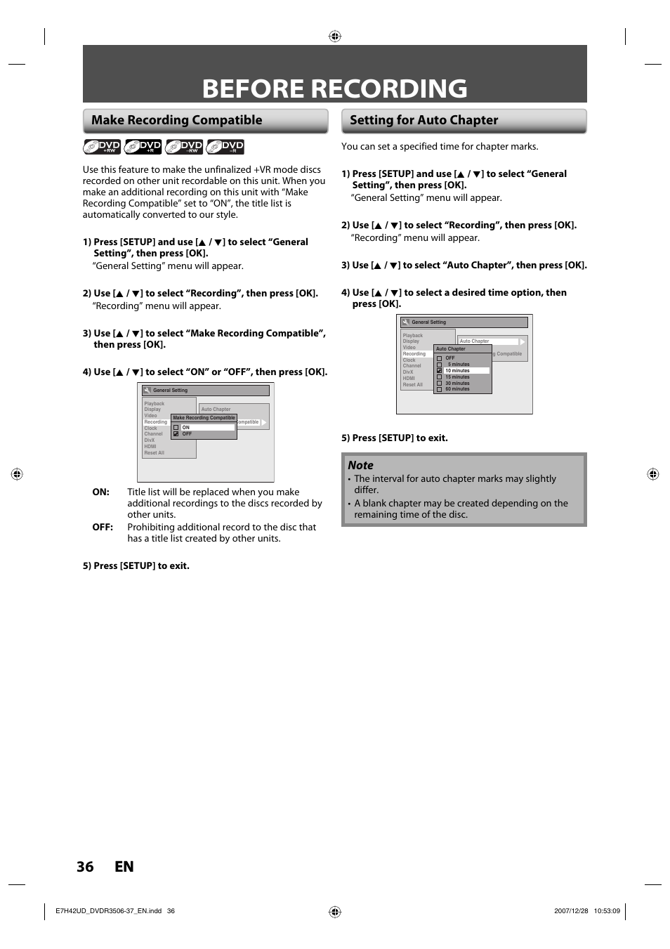 Before recording, 36 en 36 en, Make recording compatible setting for auto chapter | Philips DVDR3537 User Manual | Page 36 / 108