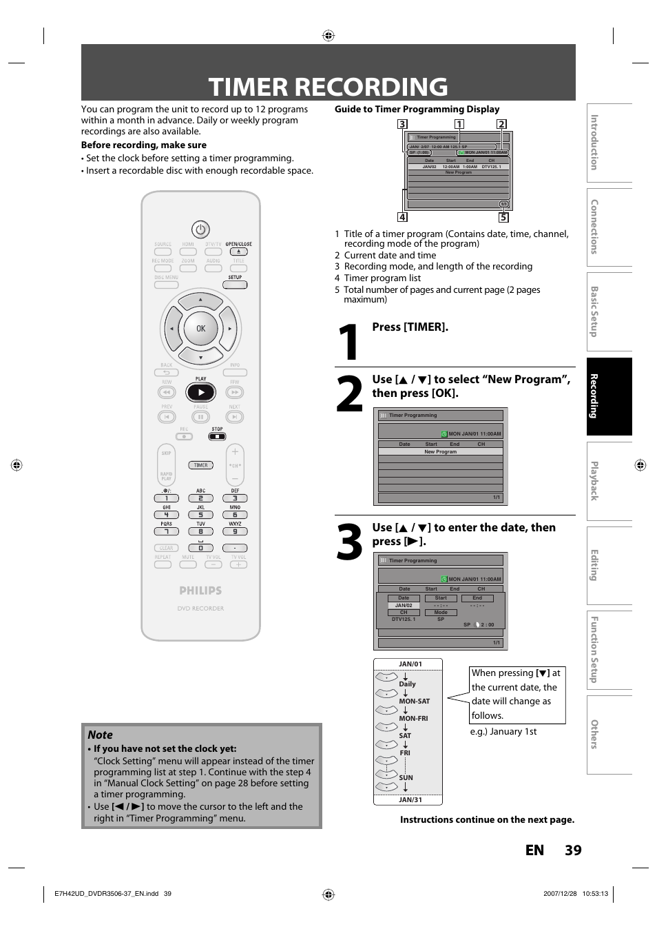 Timer recording, 39 en, Press [timer | Use [ k / l ] to enter the date, then press [ b | Philips DVDR3537 User Manual | Page 39 / 108