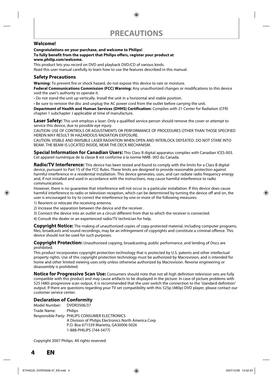 Precautions, 4en 4 en | Philips DVDR3537 User Manual | Page 4 / 108