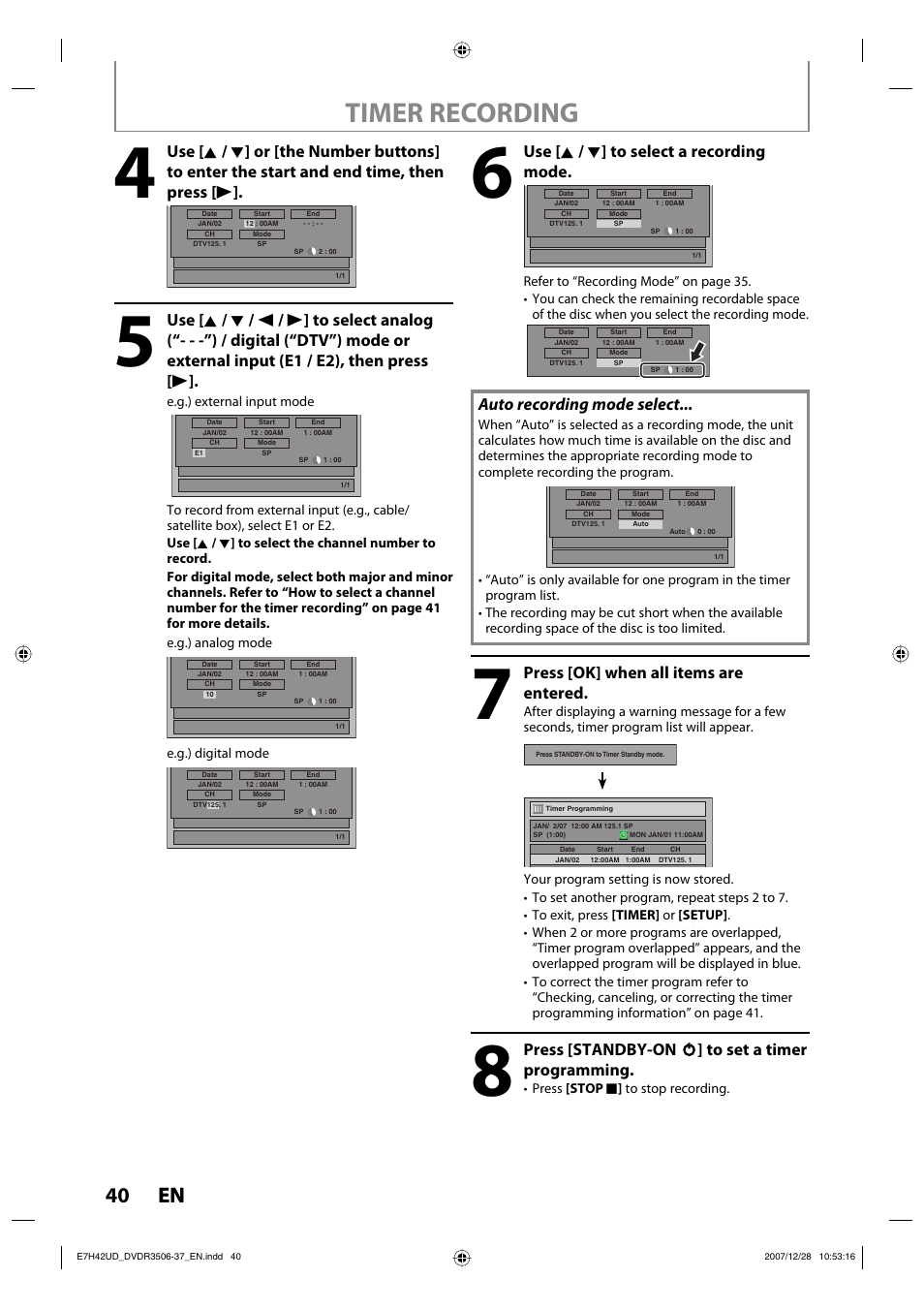 Timer recording, 40 en 40 en, Use [ k / l ] to select a recording mode | Auto recording mode select, Press [ok] when all items are entered, Press [standby-on y y ] to set a timer programming | Philips DVDR3537 User Manual | Page 40 / 108