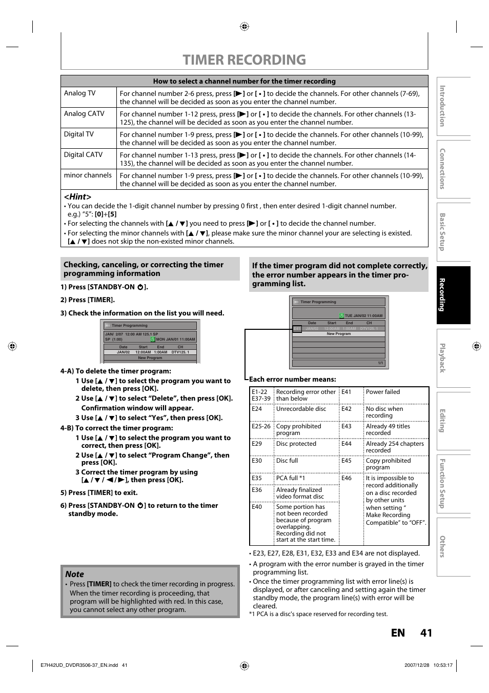 Timer recording, 41 en, Hint | Philips DVDR3537 User Manual | Page 41 / 108