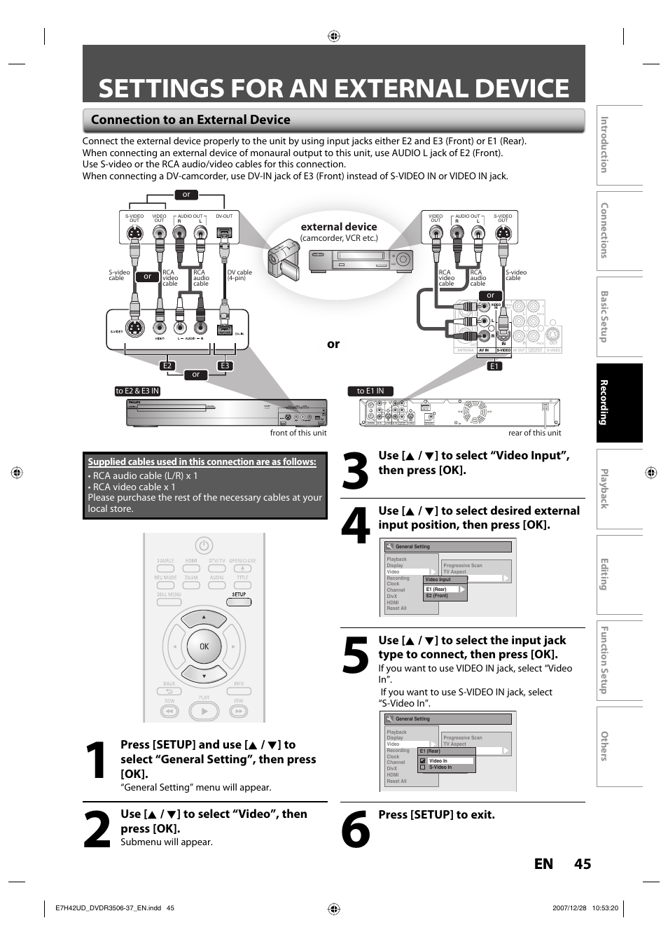 Settings for an external device, 45 en, Connection to an external device | Press [setup] to exit, Use [ k / l ] to select “video”, then press [ok, External device | Philips DVDR3537 User Manual | Page 45 / 108