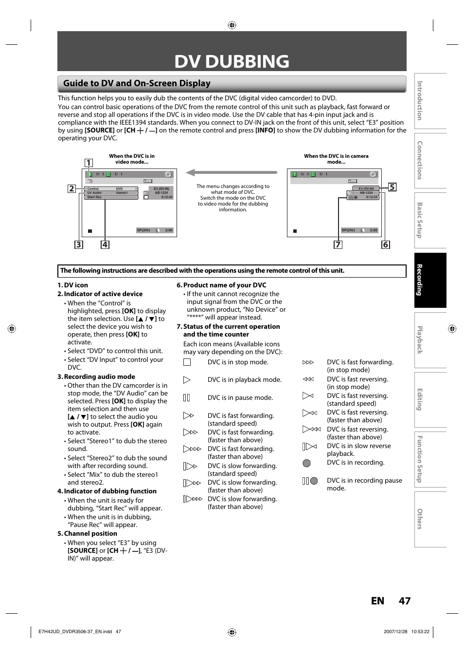 Dv dubbing, 47 en, Guide to dv and on-screen display | Philips DVDR3537 User Manual | Page 47 / 108