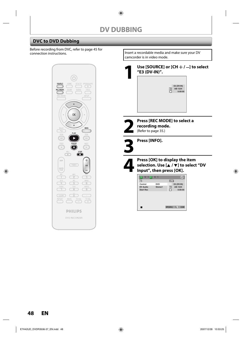 Dv dubbing | Philips DVDR3537 User Manual | Page 48 / 108