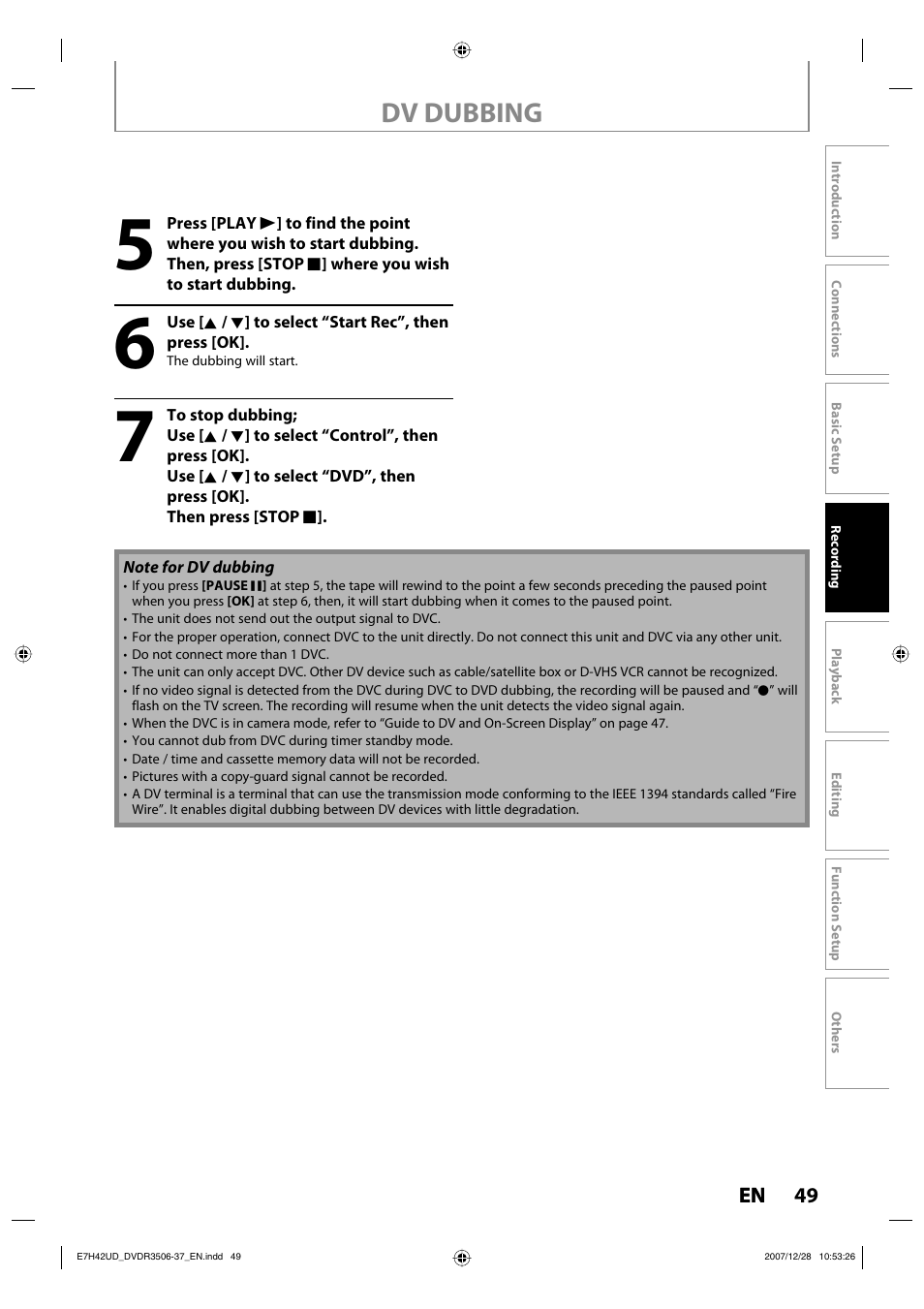 Dv dubbing | Philips DVDR3537 User Manual | Page 49 / 108