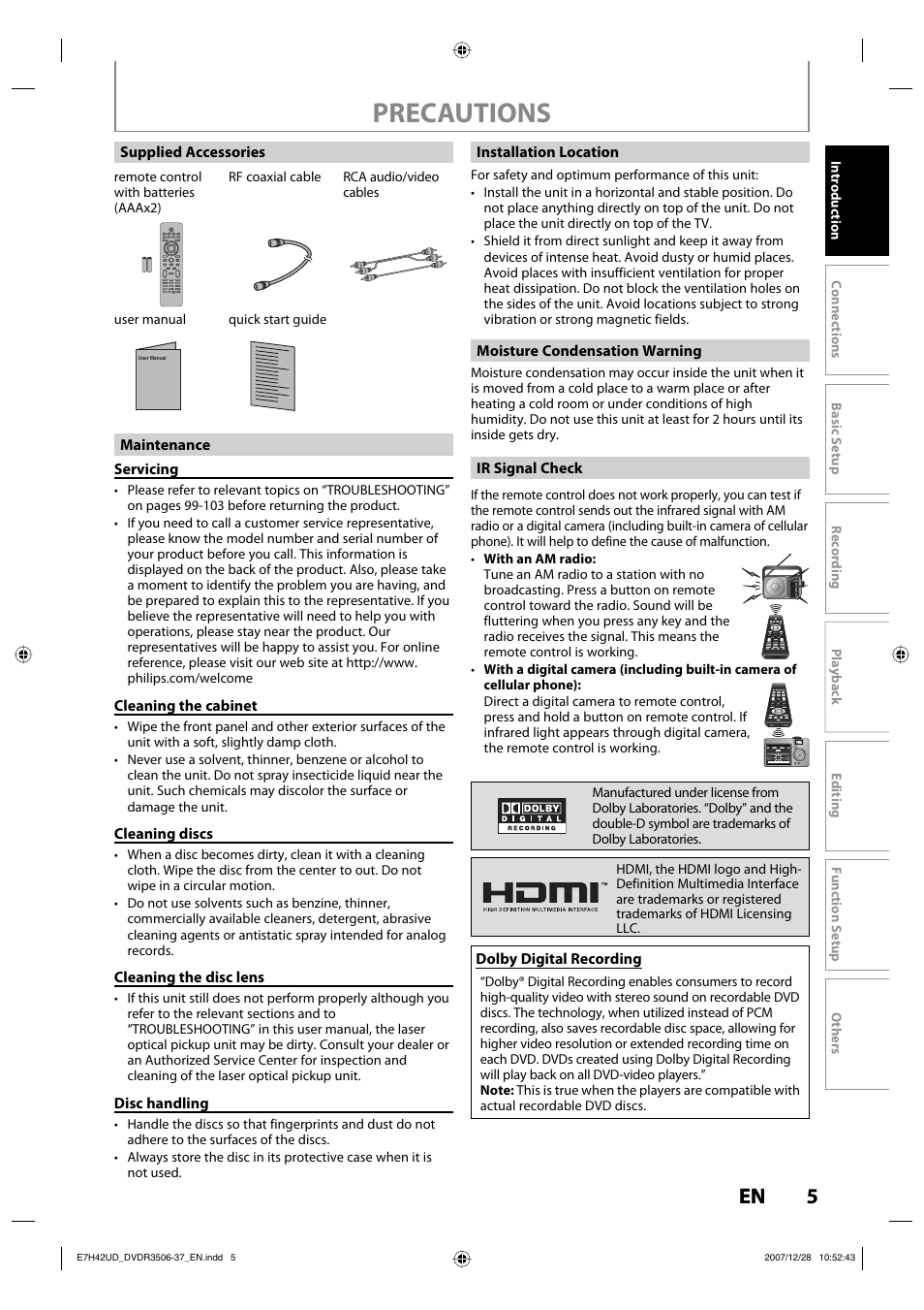 Precautions | Philips DVDR3537 User Manual | Page 5 / 108