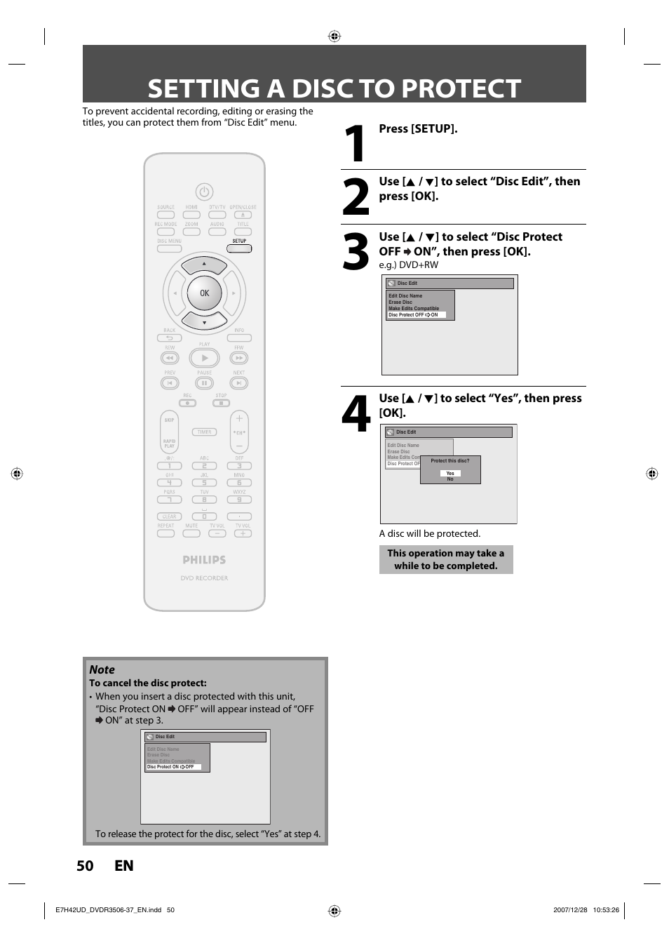 Setting a disc to protect | Philips DVDR3537 User Manual | Page 50 / 108