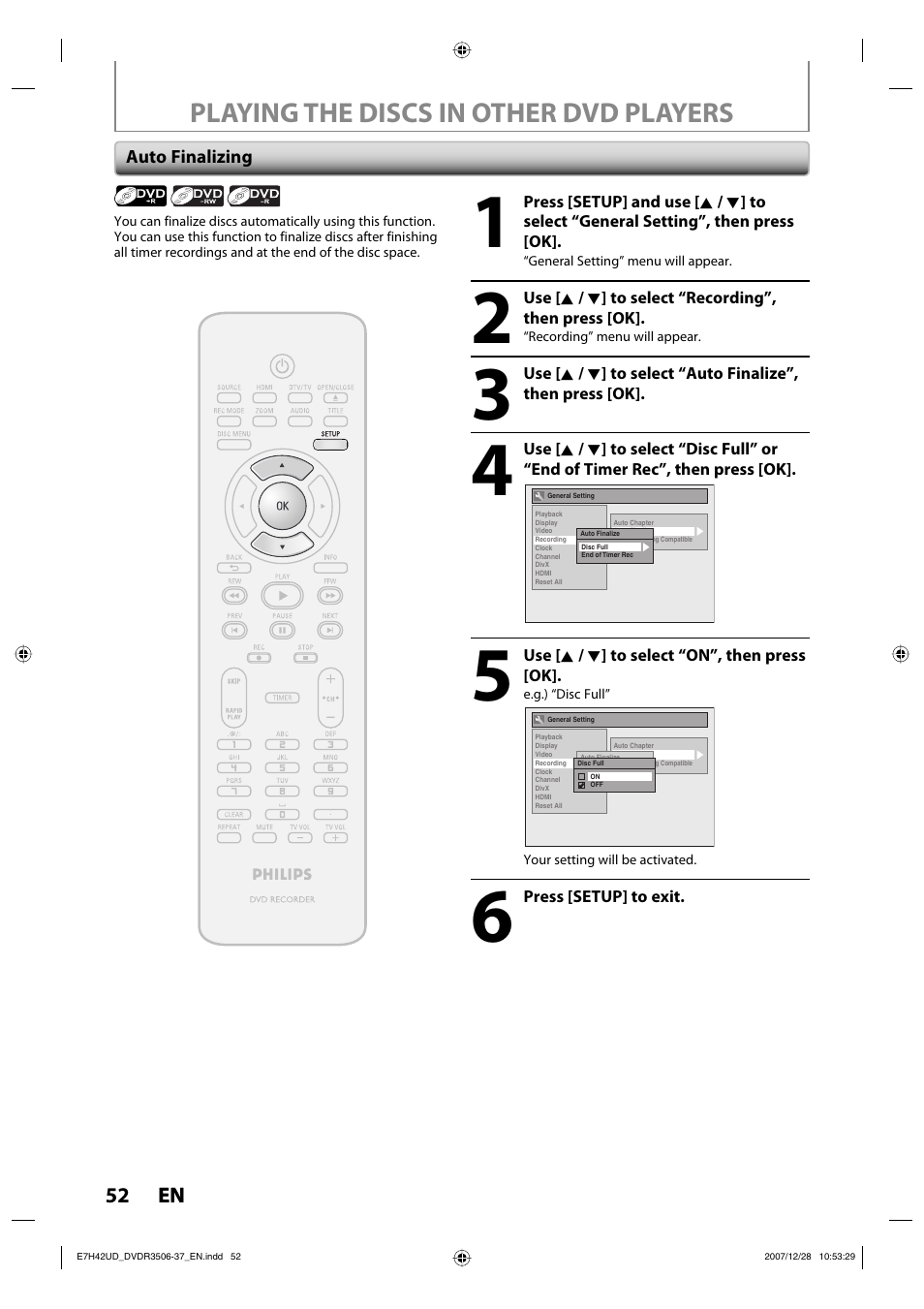 Playing the discs in other dvd players | Philips DVDR3537 User Manual | Page 52 / 108