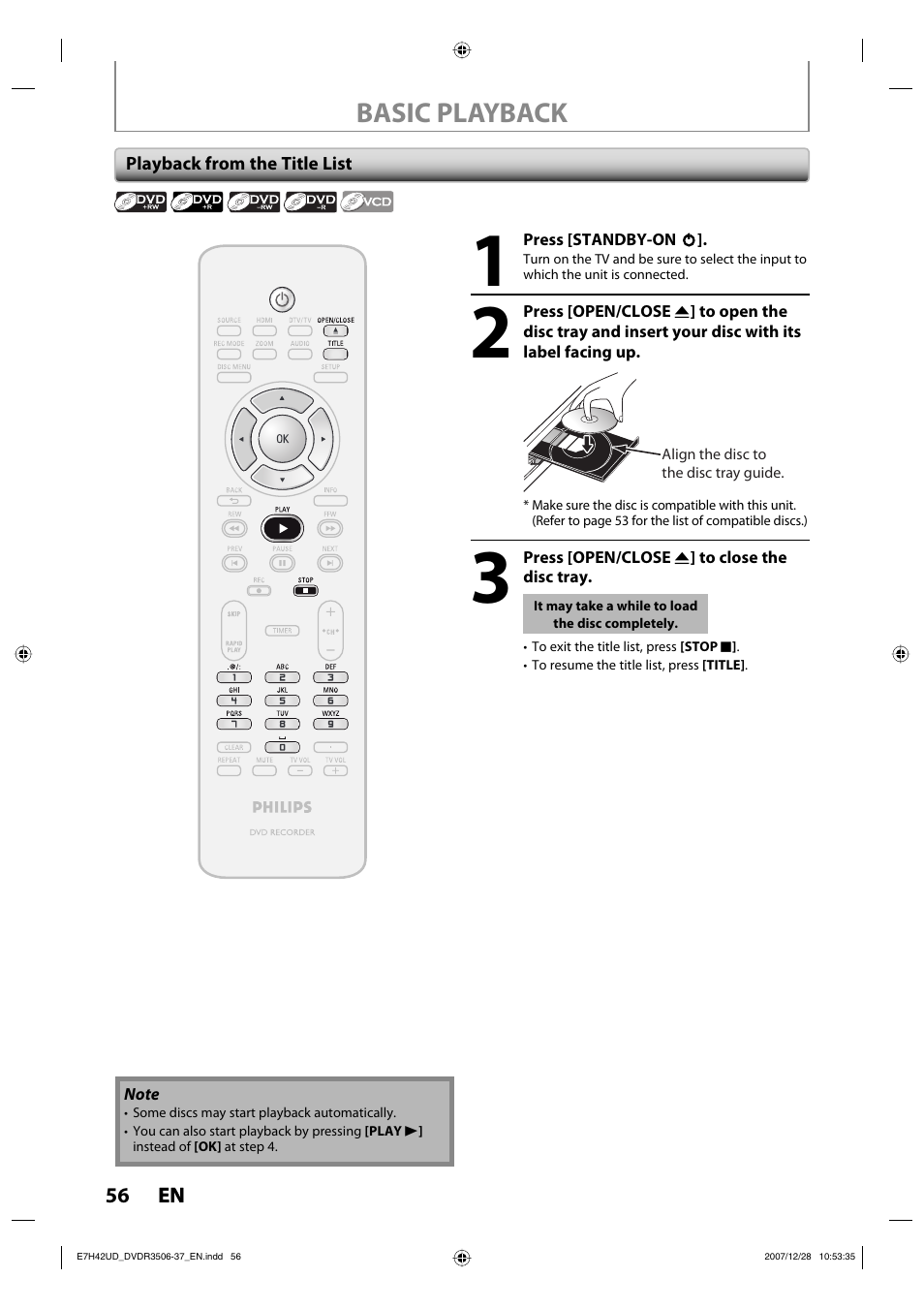 Basic playback | Philips DVDR3537 User Manual | Page 56 / 108