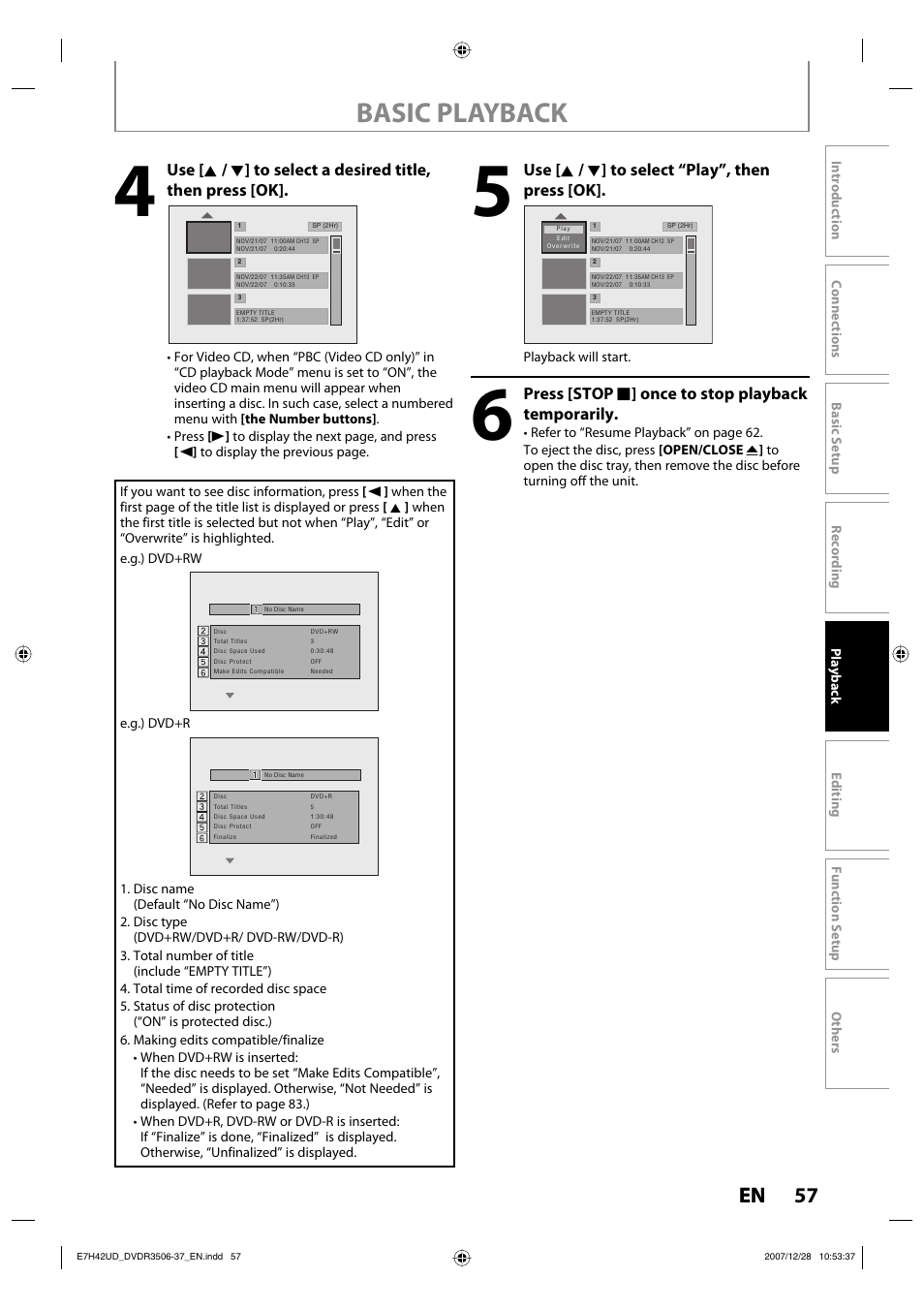 Basic playback, 57 en, Use [ k / l ] to select “play”, then press [ok | Press [stop c ] once to stop playback temporarily | Philips DVDR3537 User Manual | Page 57 / 108