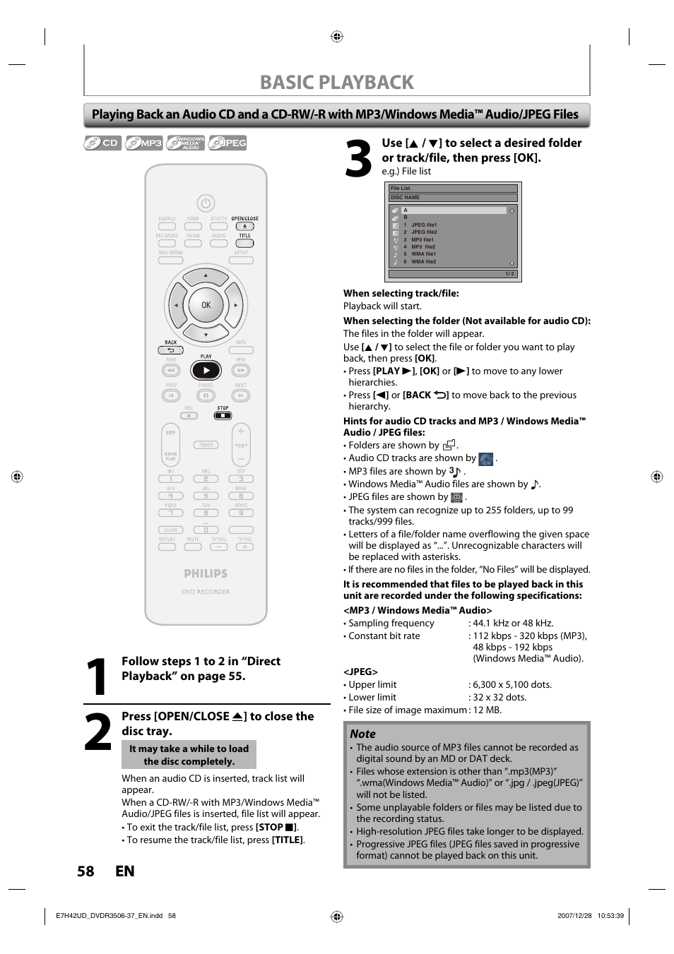 Basic playback, 58 en 58 en | Philips DVDR3537 User Manual | Page 58 / 108