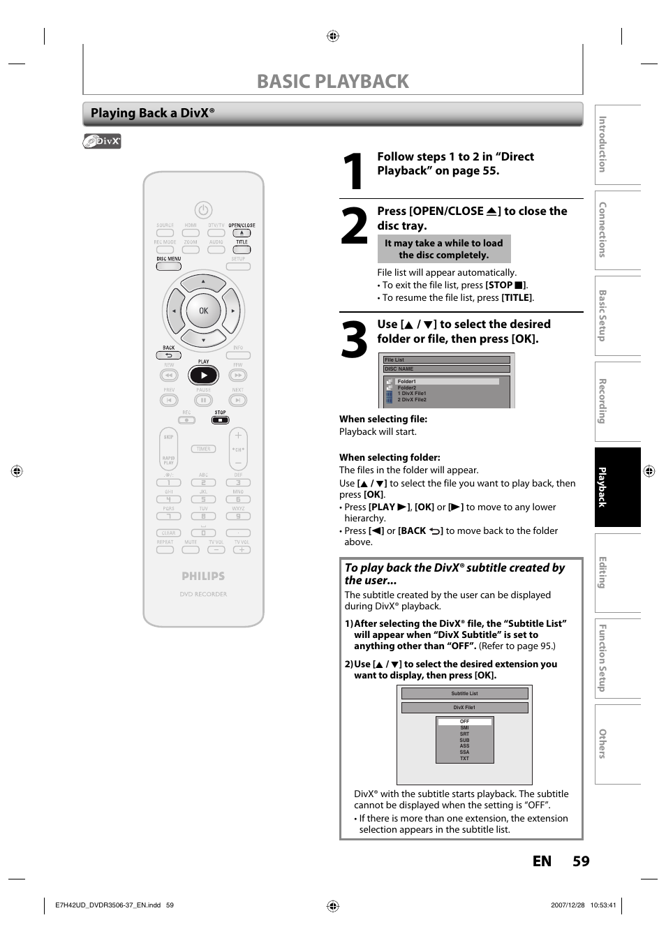 Basic playback, 59 en | Philips DVDR3537 User Manual | Page 59 / 108