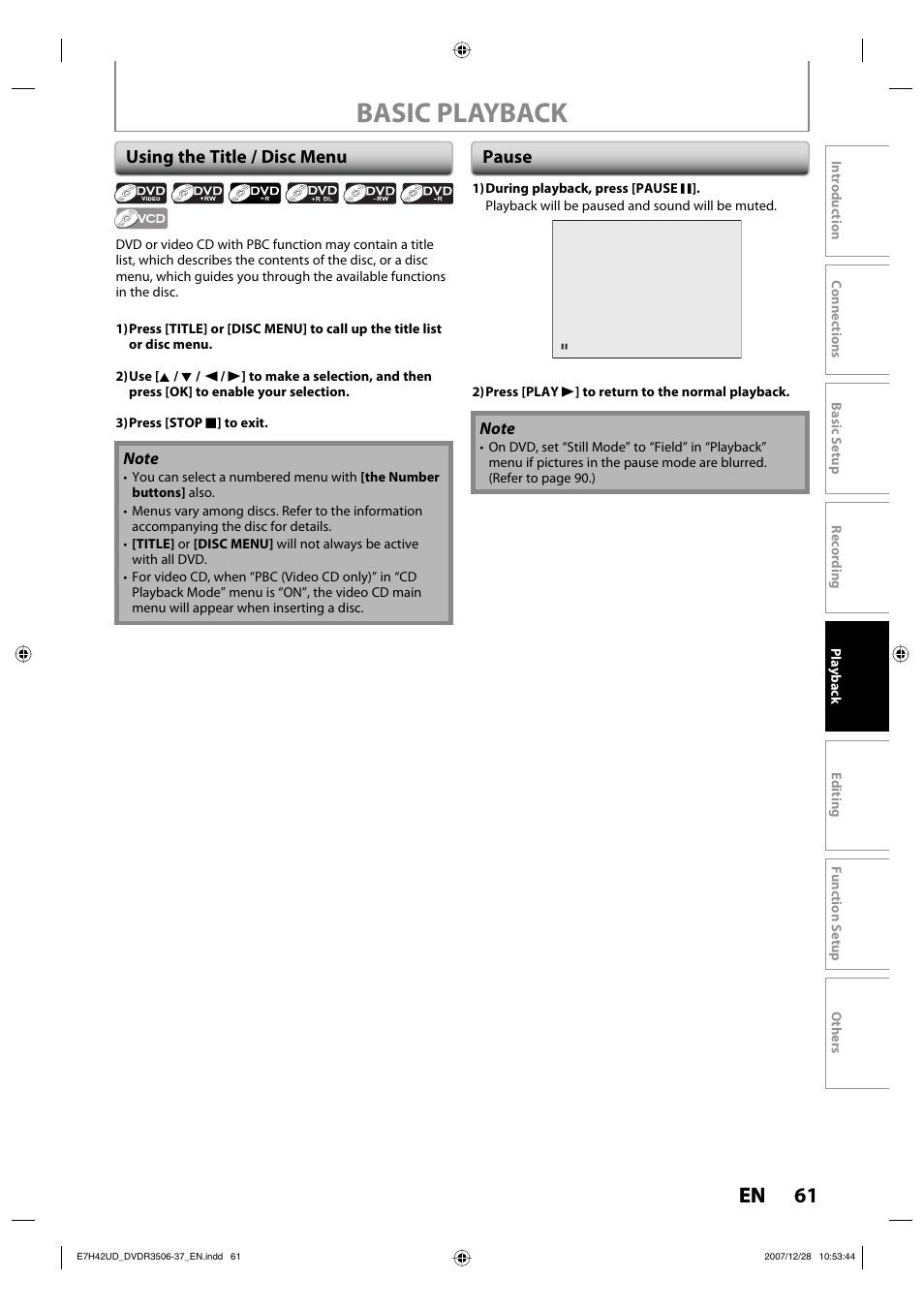 Basic playback, 61 en, Using the title / disc menu | Pause | Philips DVDR3537 User Manual | Page 61 / 108