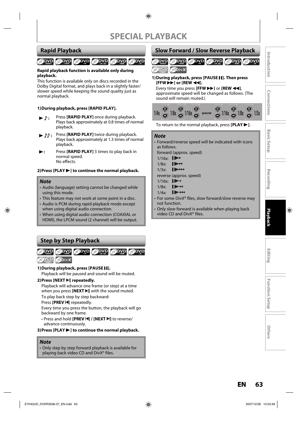 Special playback, 63 en, 1/8x | Rapid playback, Step by step playback, Slow forward / slow reverse playback | Philips DVDR3537 User Manual | Page 63 / 108