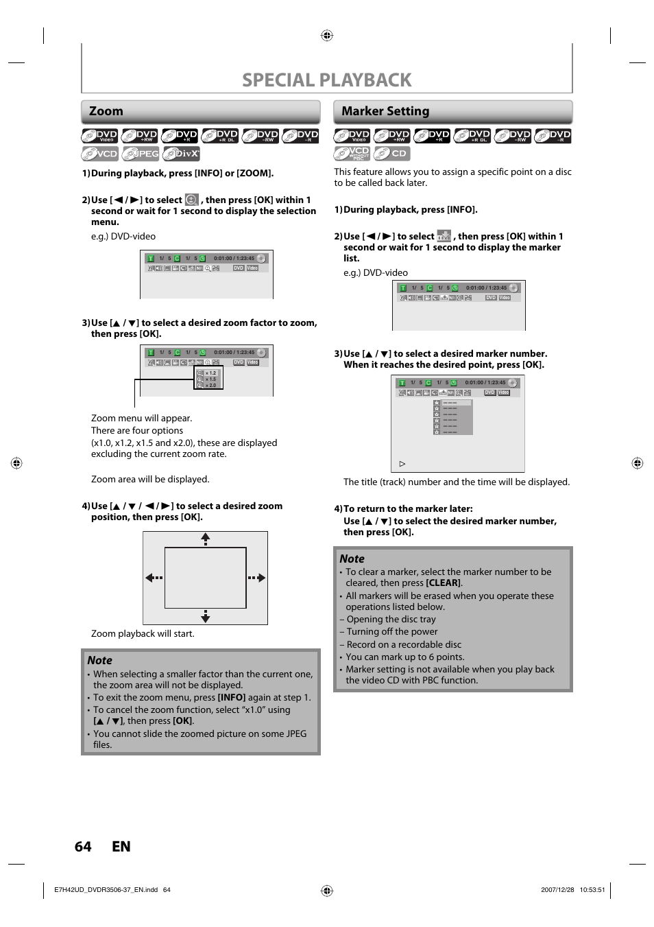 Special playback, 64 en 64 en, Zoom | Marker setting | Philips DVDR3537 User Manual | Page 64 / 108