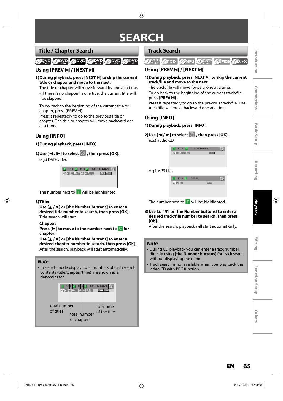 Search, 65 en, Title / chapter search | Track search | Philips DVDR3537 User Manual | Page 65 / 108