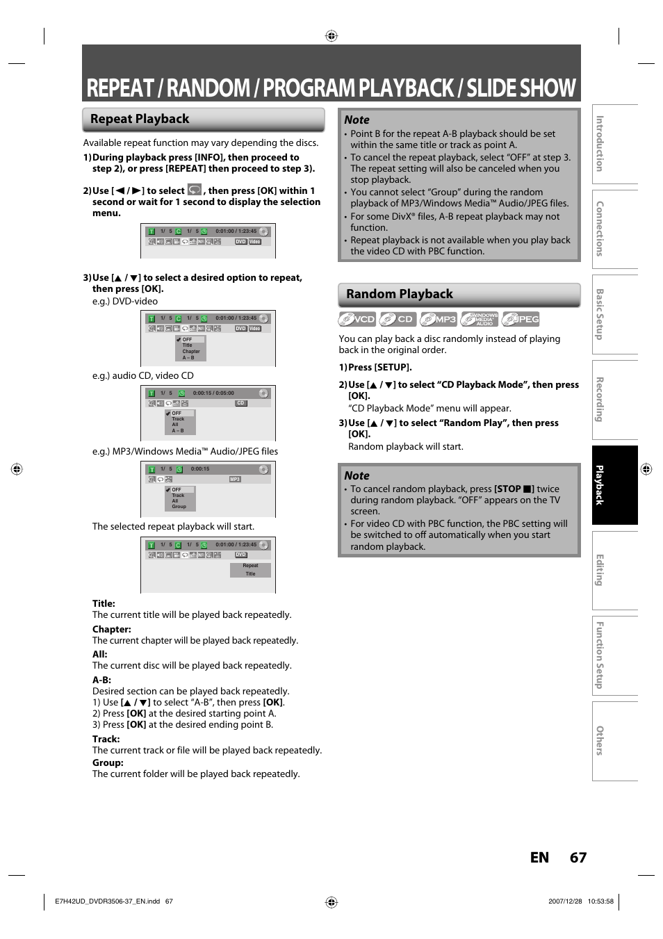 Repeat / random / program playback / slide show, 67 en, Repeat playback random playback | Philips DVDR3537 User Manual | Page 67 / 108