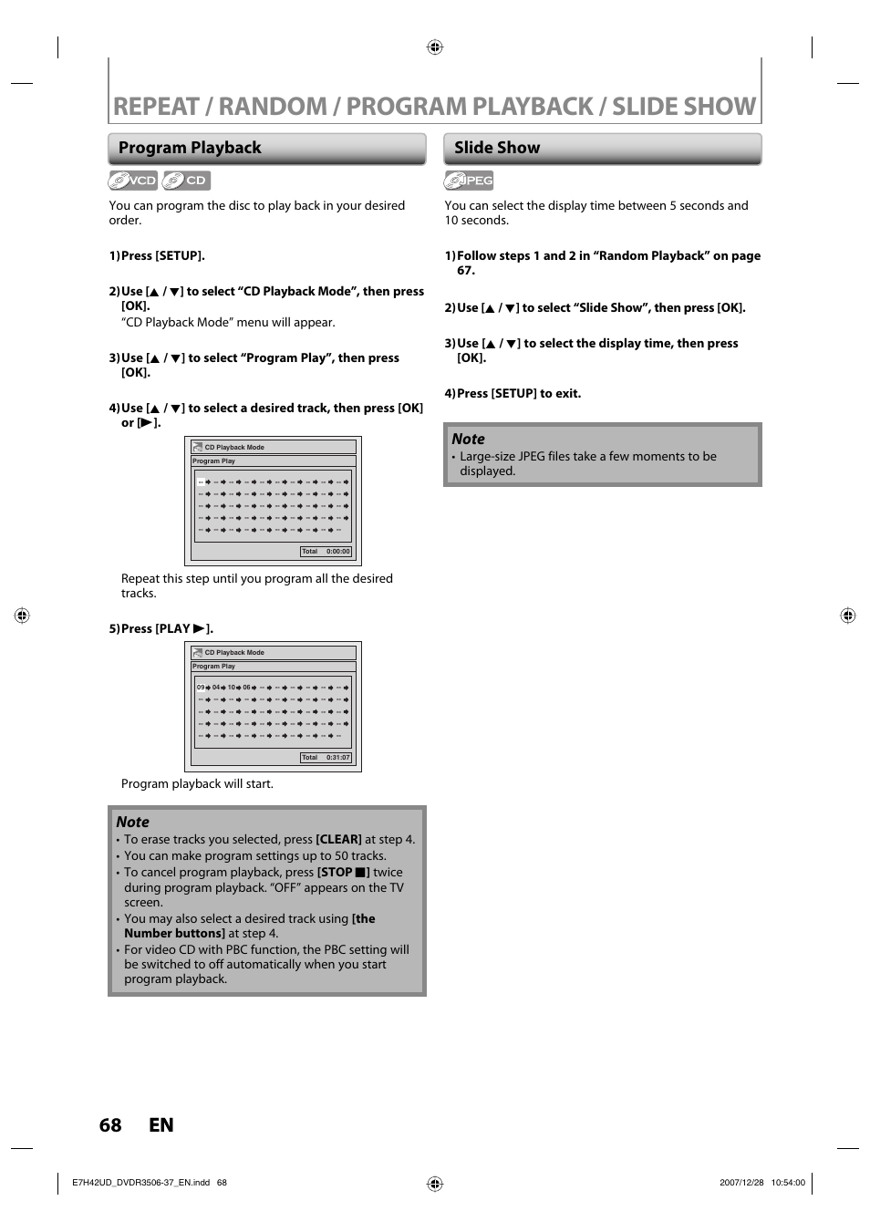 Repeat / random / program playback / slide show, 68 en 68 en, Program playback | Slide show, Program playback will start | Philips DVDR3537 User Manual | Page 68 / 108