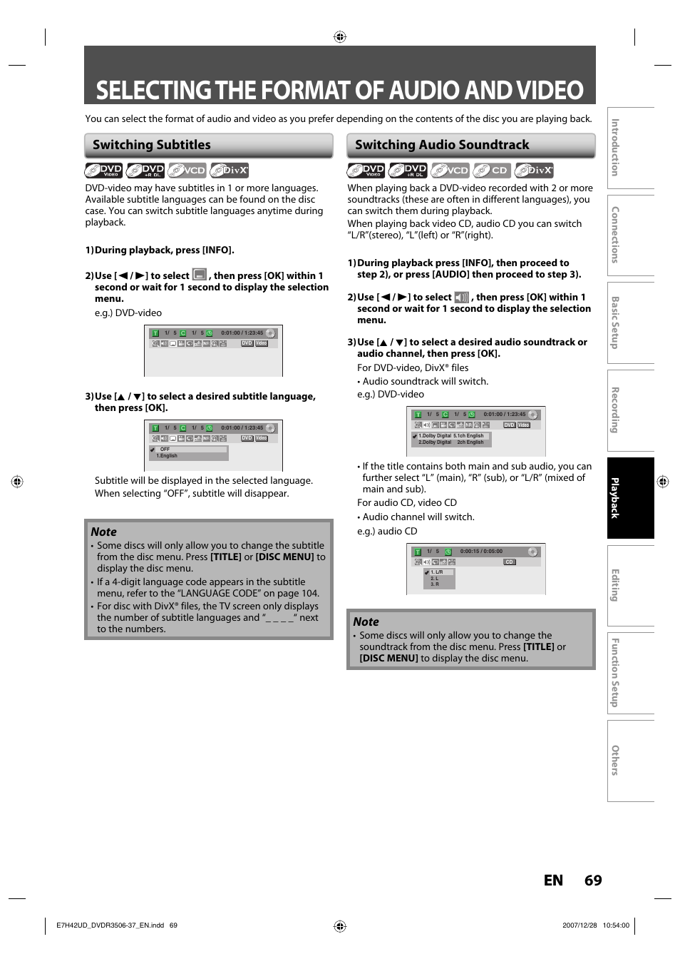 Selecting the format of audio and video, 69 en, Switching subtitles | Switching audio soundtrack | Philips DVDR3537 User Manual | Page 69 / 108