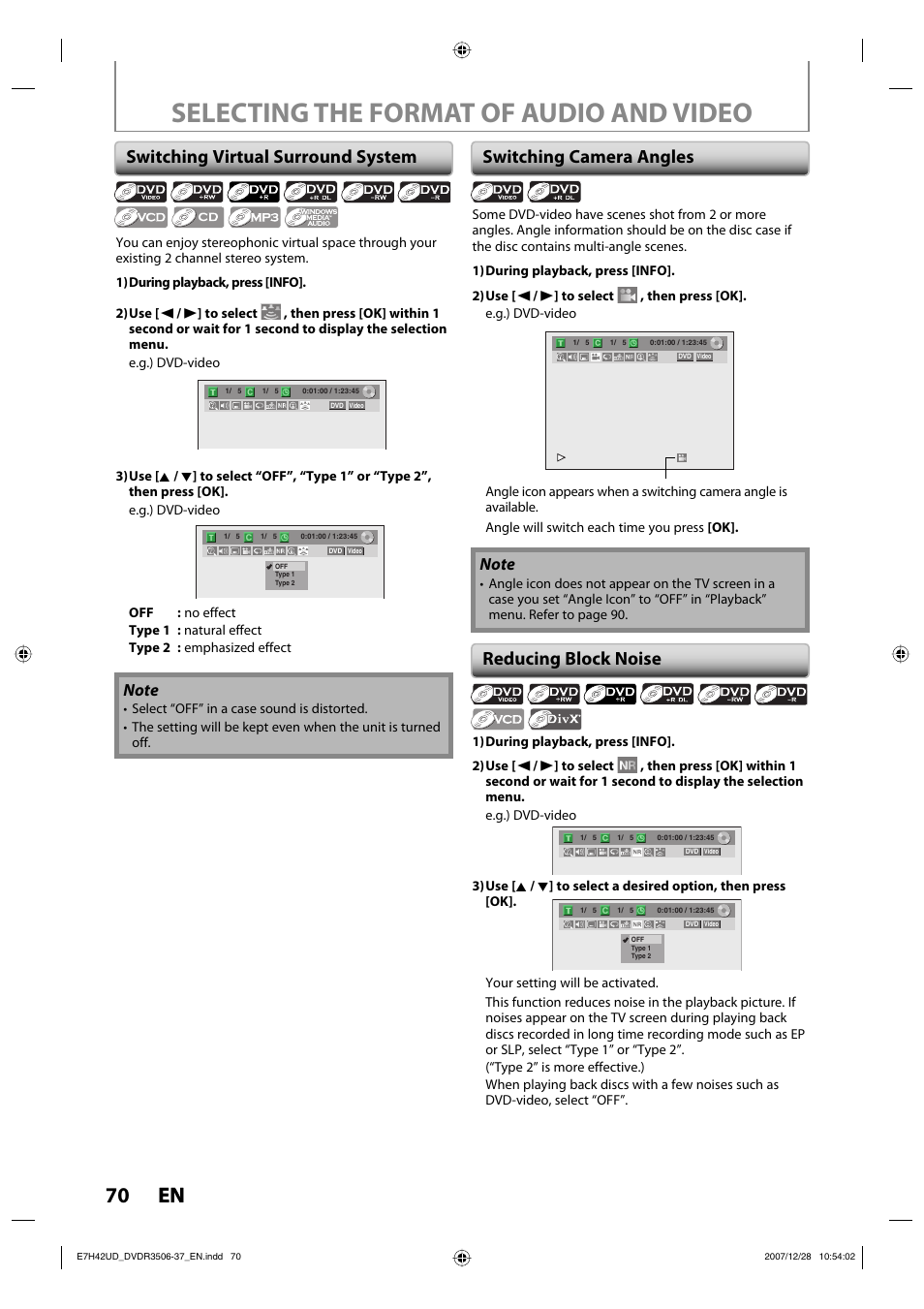 Selecting the format of audio and video, 70 en 70 en, Switching virtual surround system | Switching camera angles, Reducing block noise | Philips DVDR3537 User Manual | Page 70 / 108