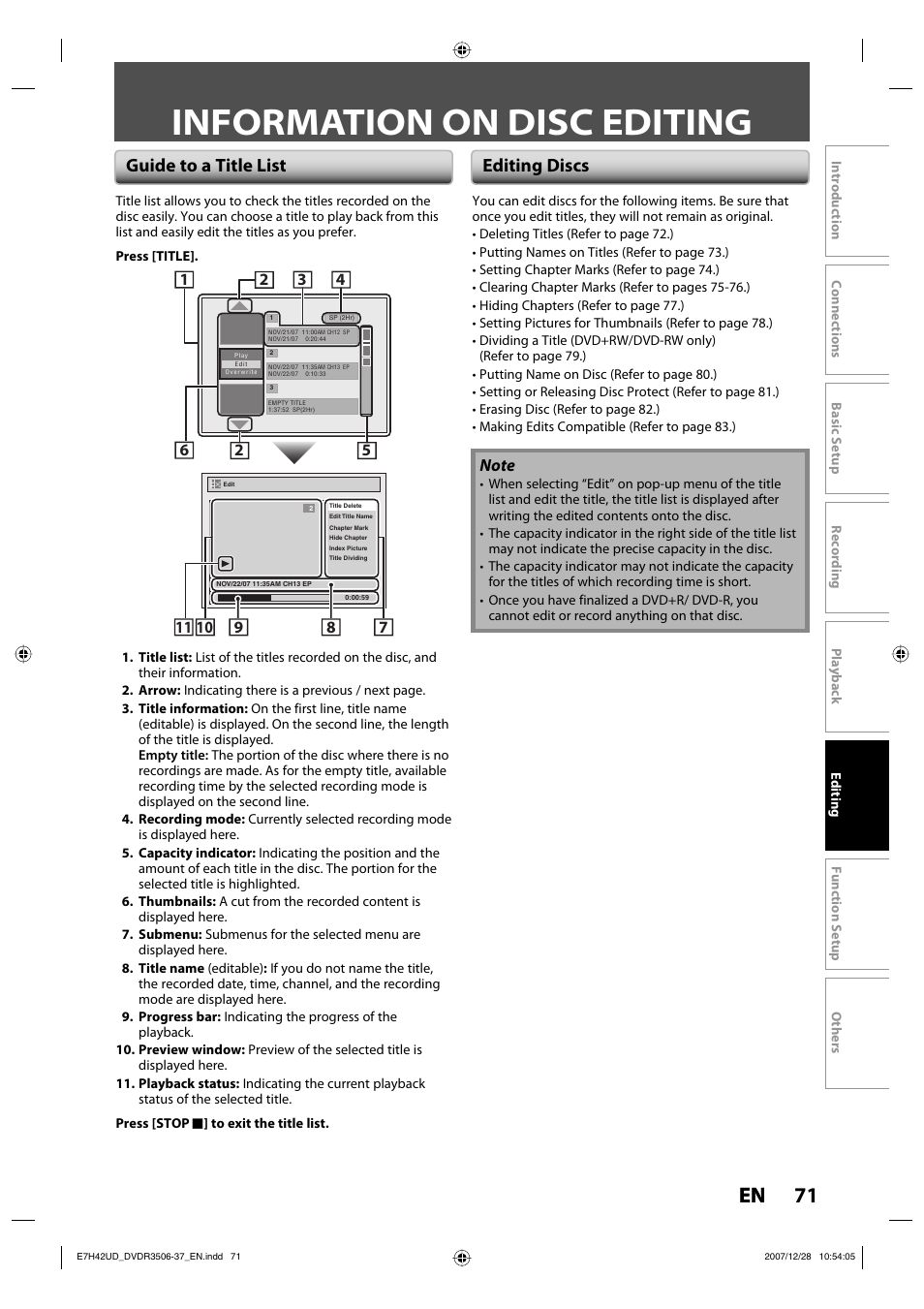 Information on disc editing, 71 en, Guide to a title list editing discs | Philips DVDR3537 User Manual | Page 71 / 108