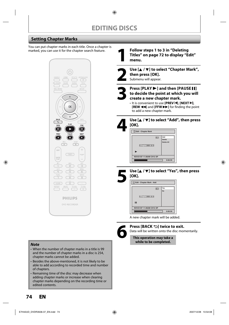 Editing discs | Philips DVDR3537 User Manual | Page 74 / 108