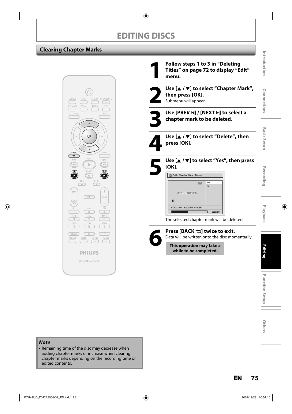 Editing discs | Philips DVDR3537 User Manual | Page 75 / 108