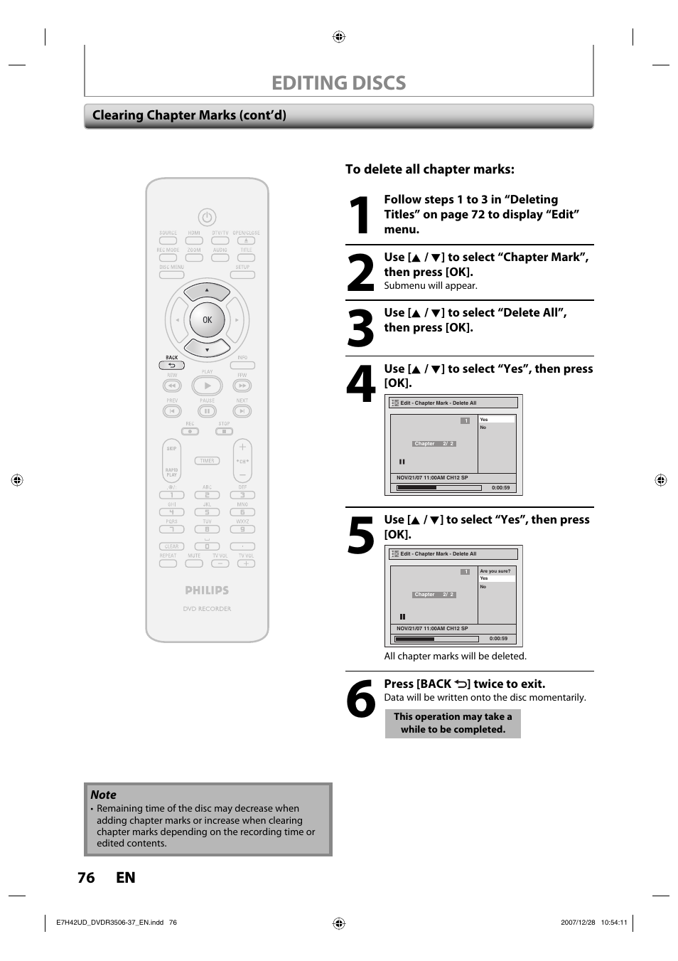 Editing discs | Philips DVDR3537 User Manual | Page 76 / 108