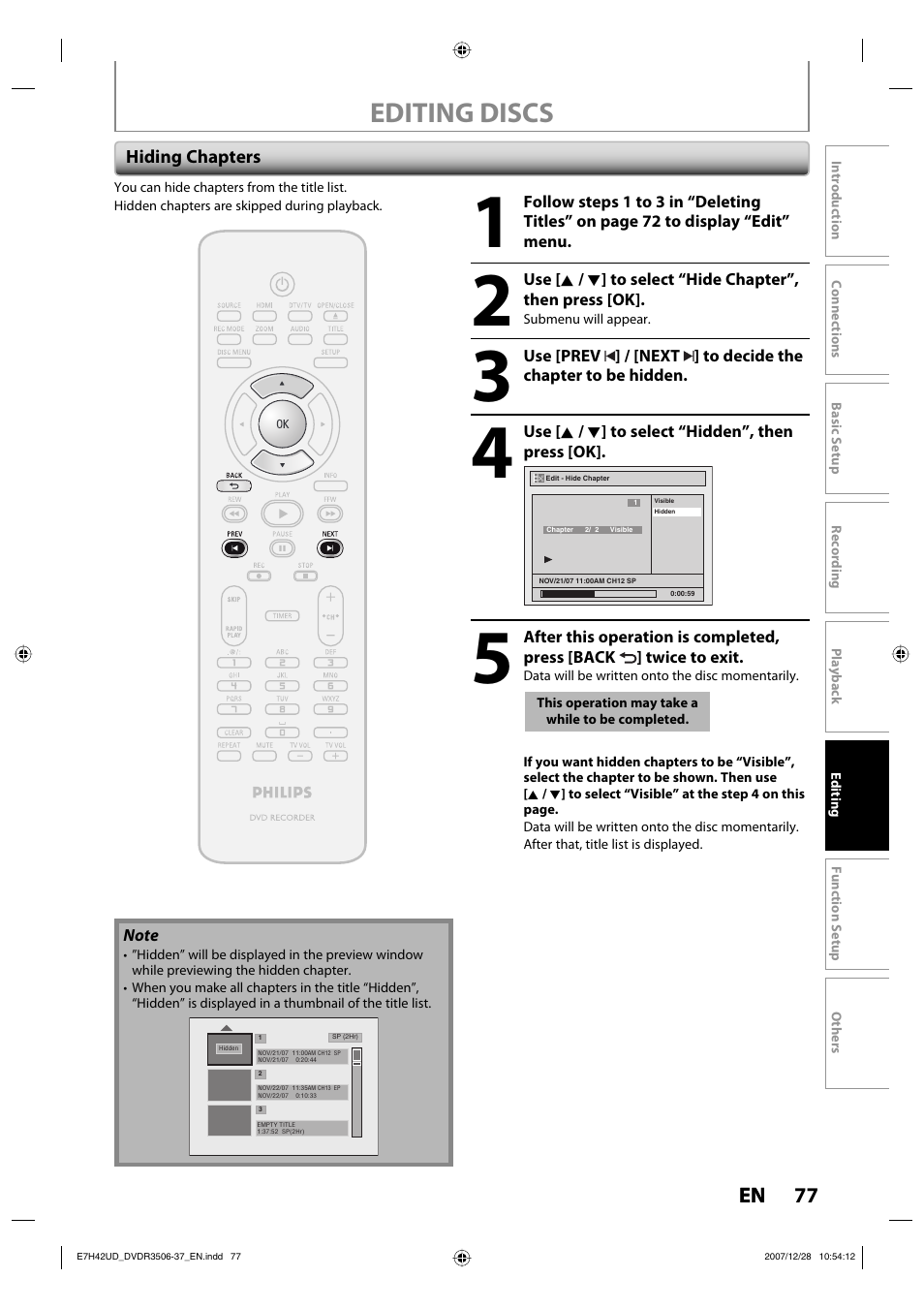 Editing discs | Philips DVDR3537 User Manual | Page 77 / 108