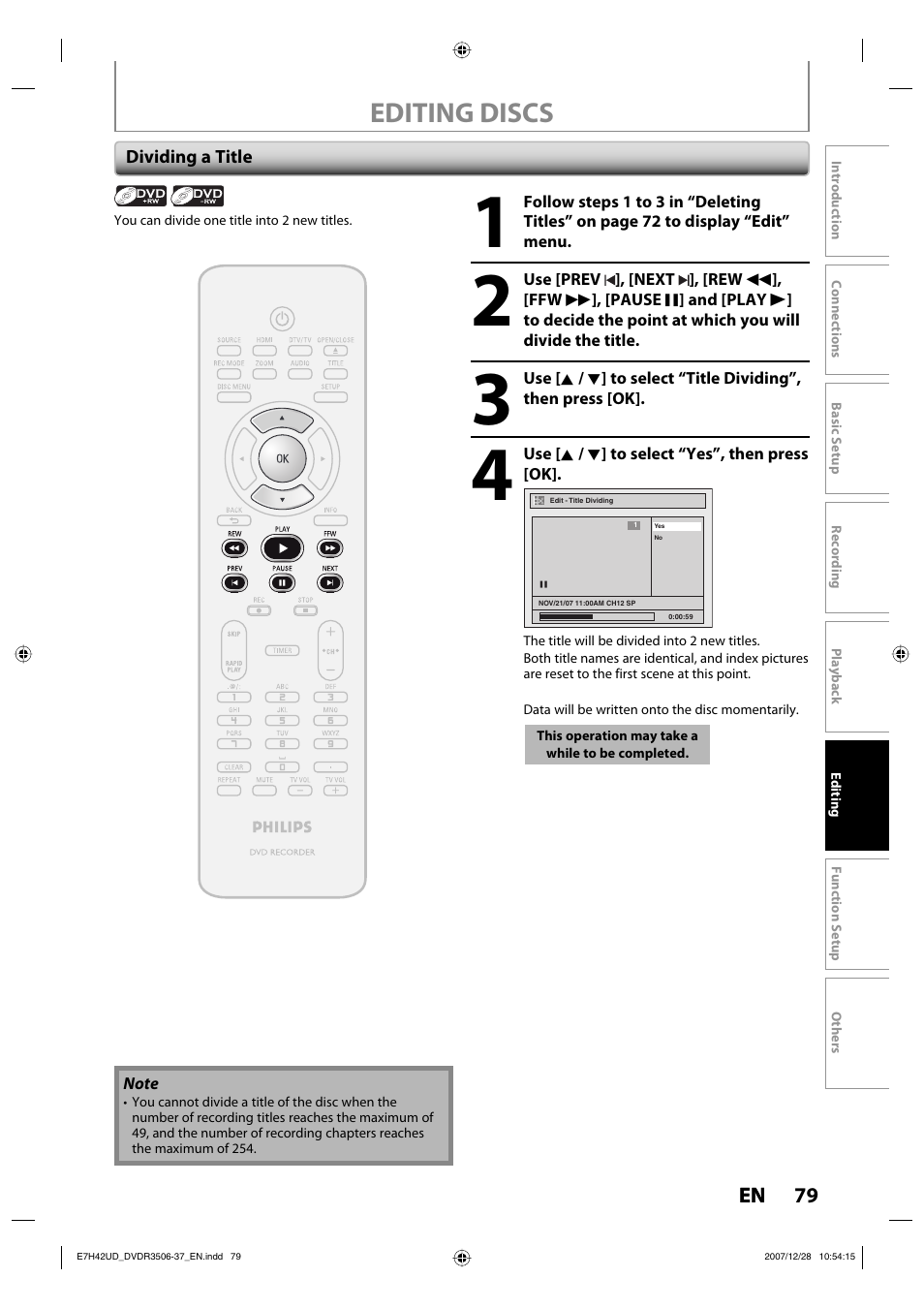 Editing discs | Philips DVDR3537 User Manual | Page 79 / 108