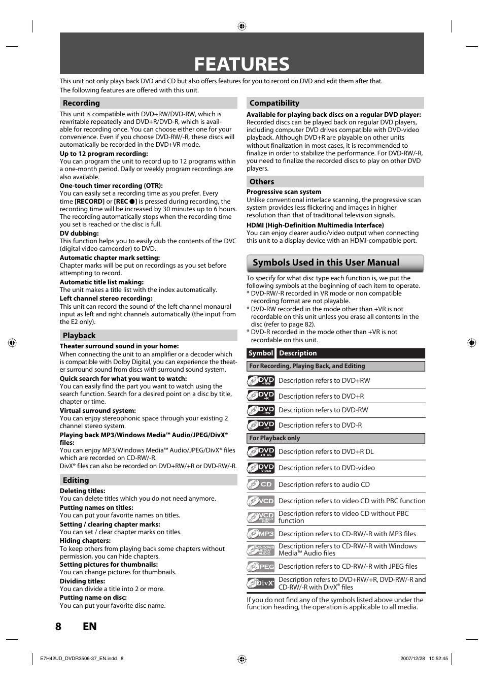 Features, 8en 8 en, Symbols used in this user manual | Philips DVDR3537 User Manual | Page 8 / 108