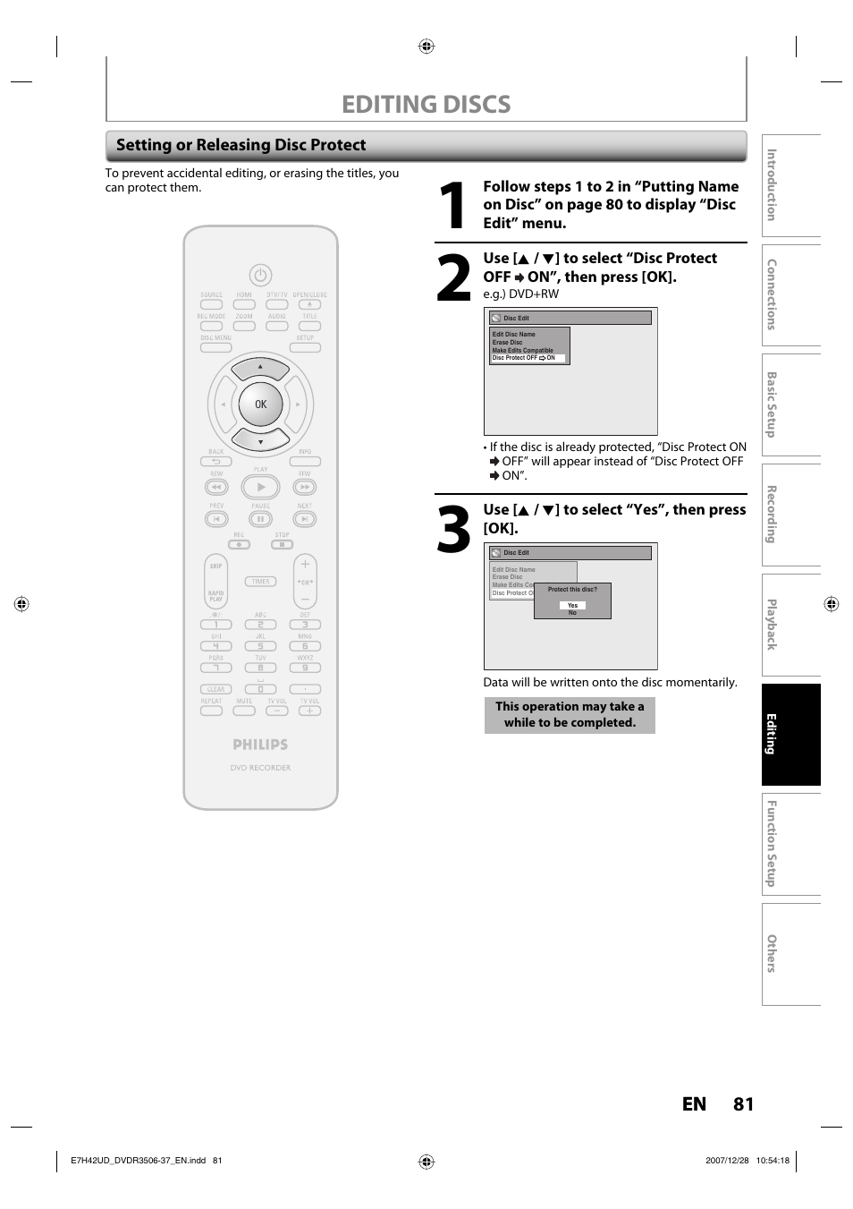 Editing discs | Philips DVDR3537 User Manual | Page 81 / 108