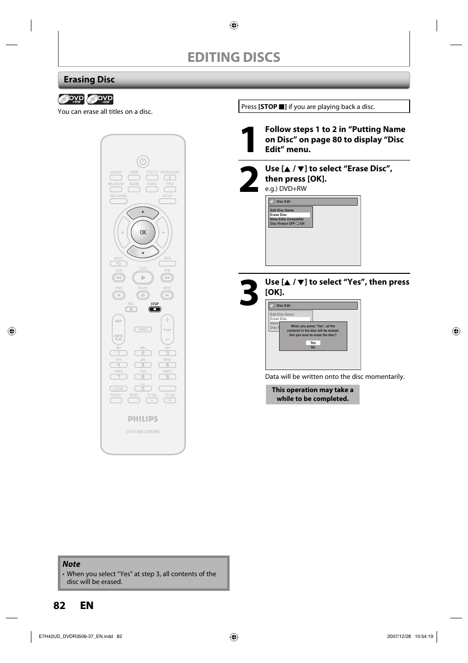 Editing discs | Philips DVDR3537 User Manual | Page 82 / 108