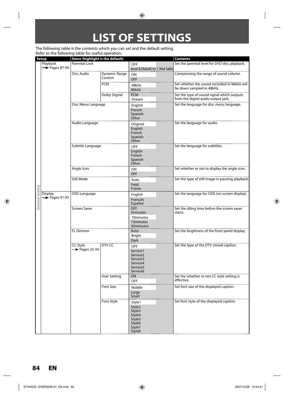 List of settings, 84 en 84 en | Philips DVDR3537 User Manual | Page 84 / 108