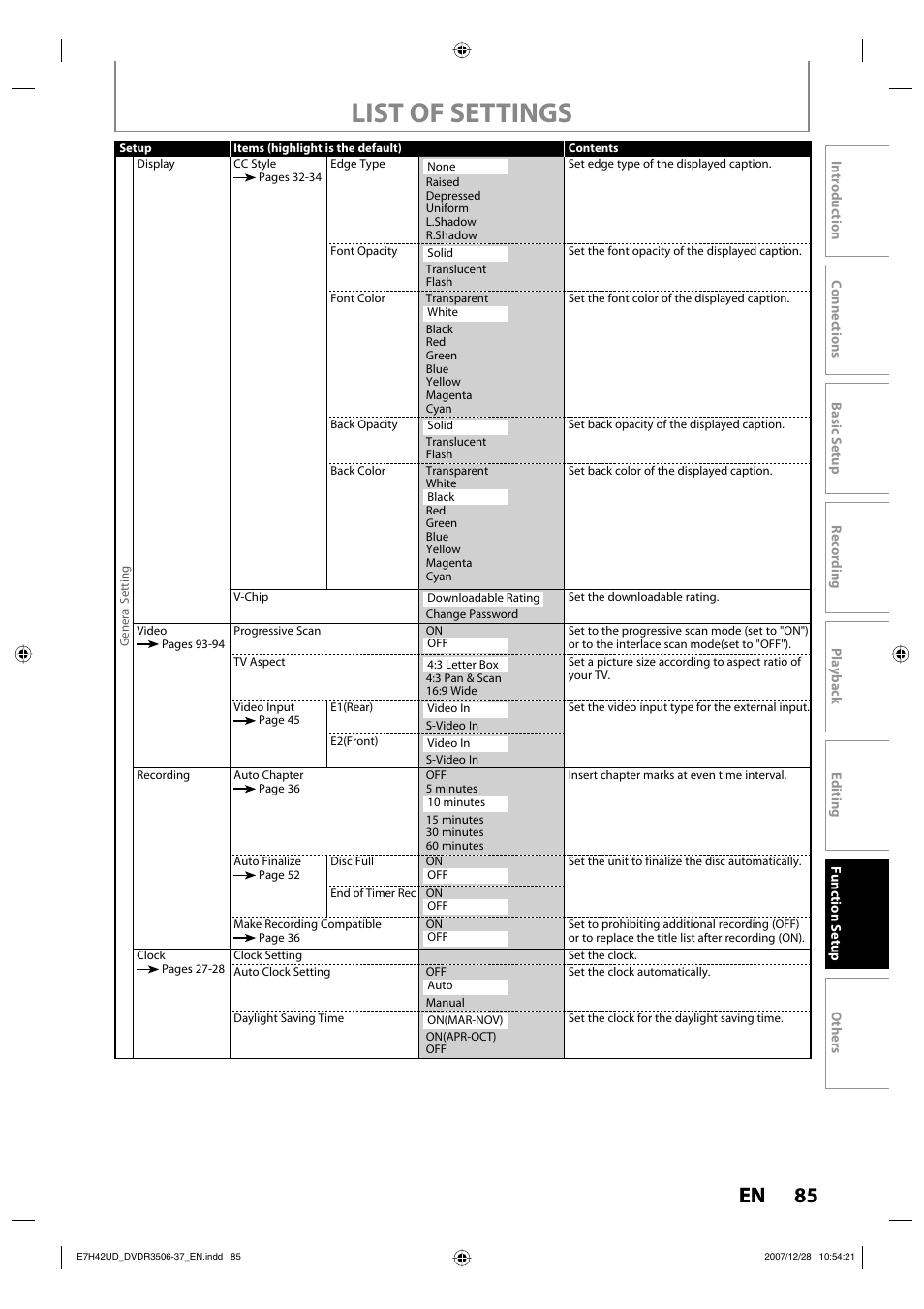 List of settings, 85 en | Philips DVDR3537 User Manual | Page 85 / 108