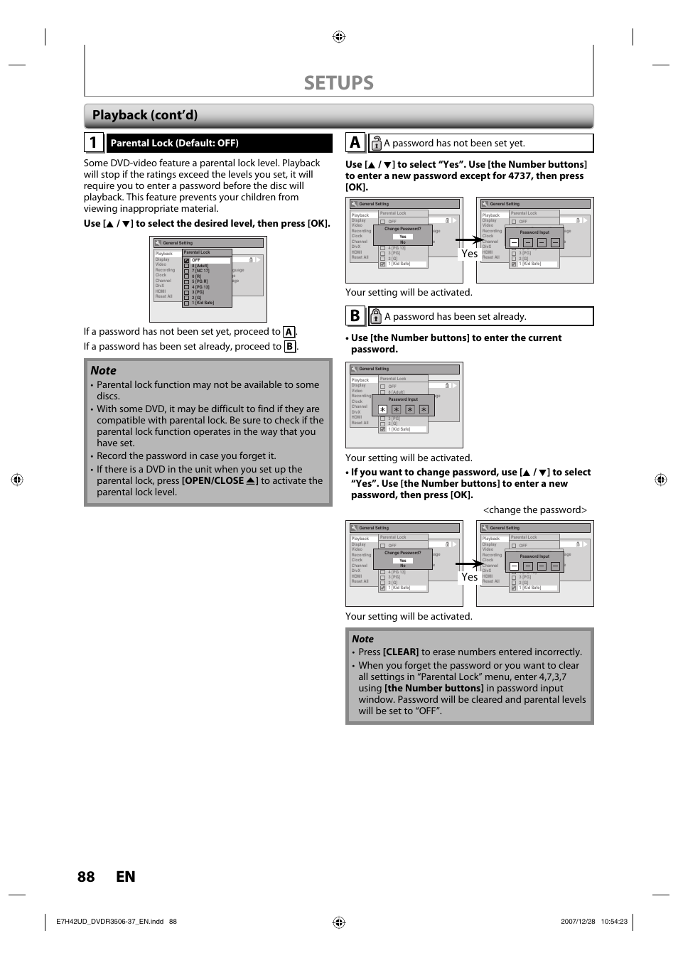 Setups, 88 en 88 en, Playback (cont’d) | Your setting will be activated | Philips DVDR3537 User Manual | Page 88 / 108