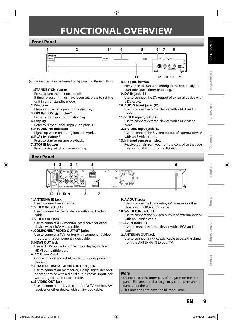 Functional overview, Front panel rear panel | Philips DVDR3537 User Manual | Page 9 / 108