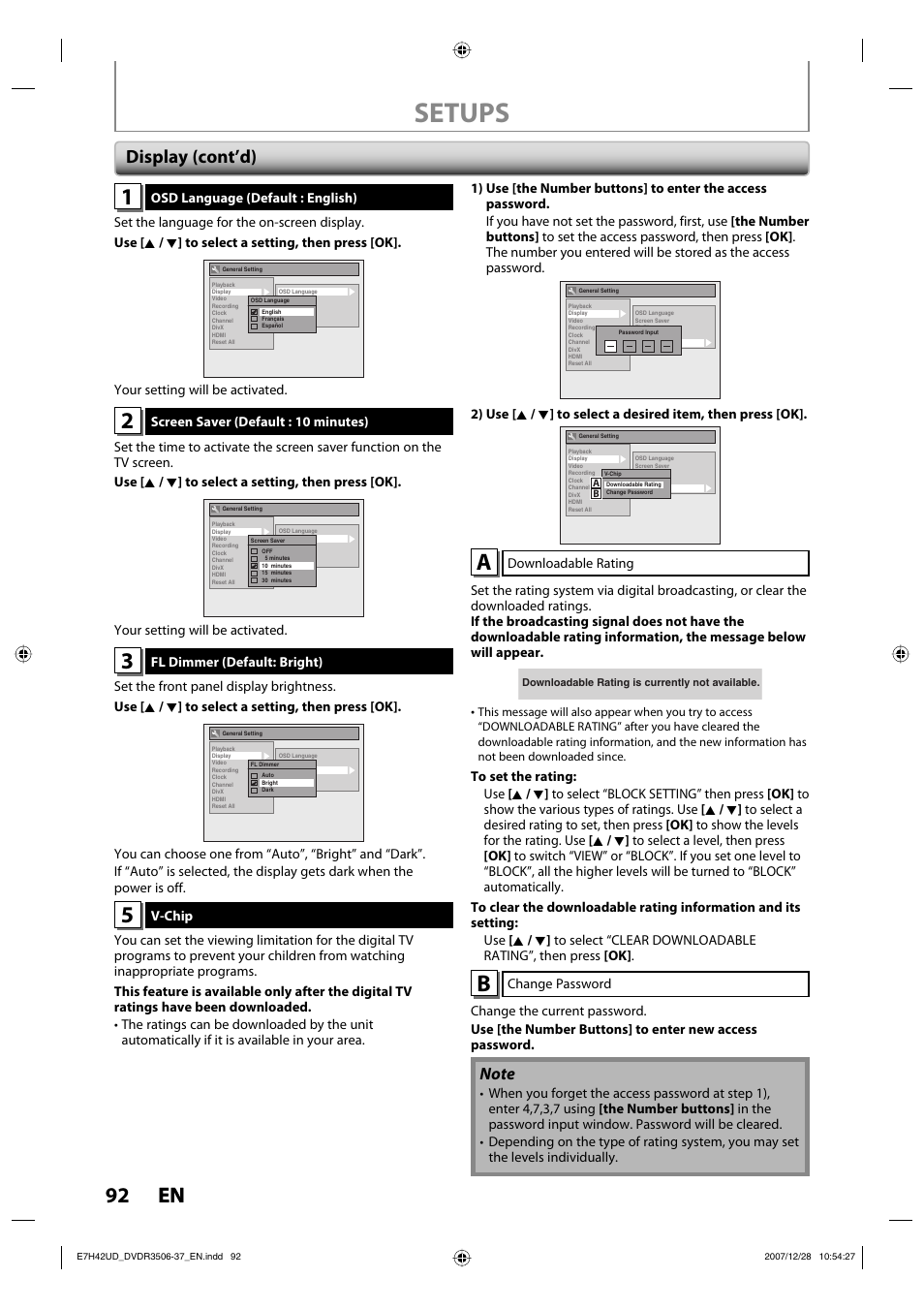 Setups, 92 en 92 en, Display (cont’d) | Philips DVDR3537 User Manual | Page 92 / 108