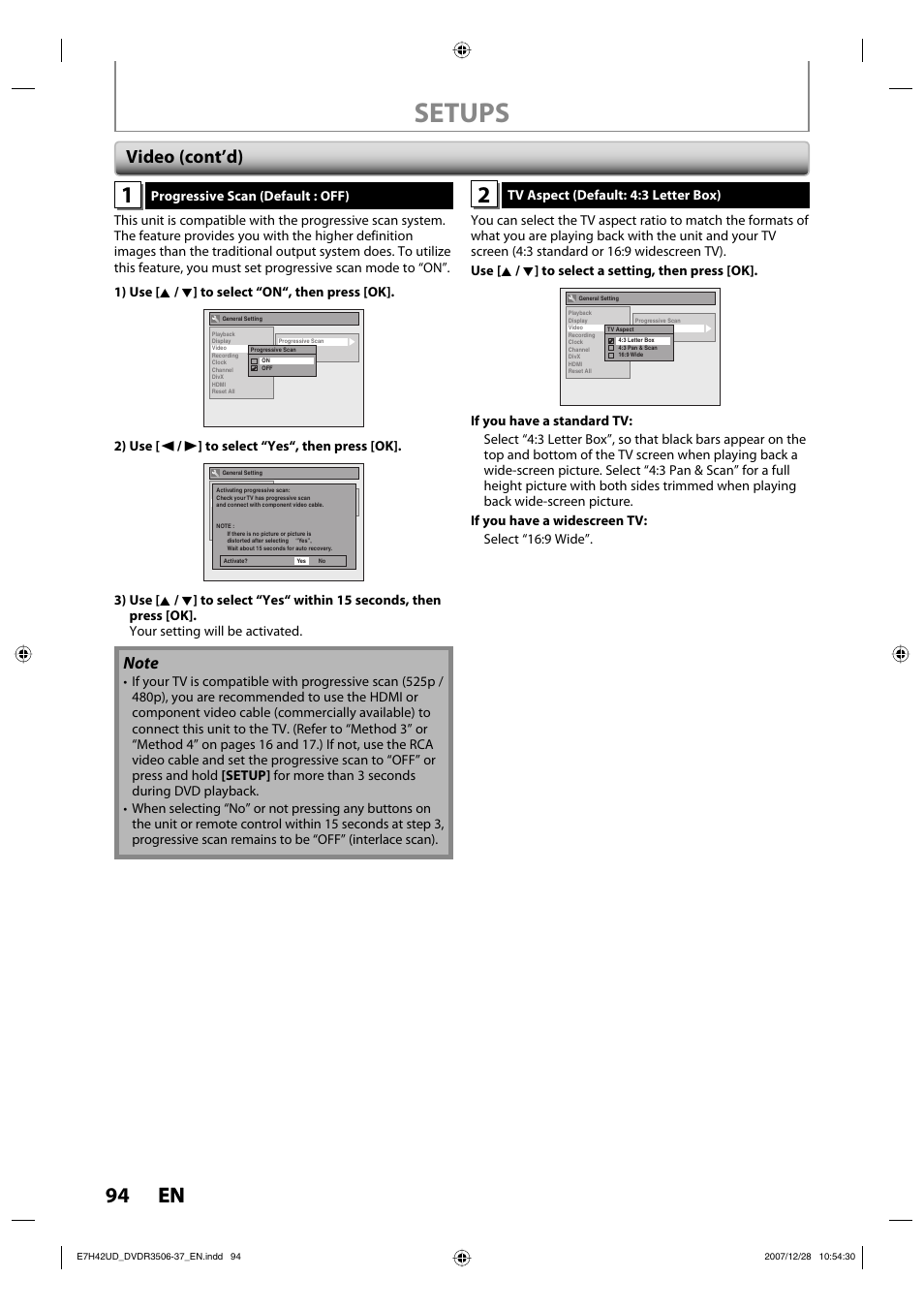 Setups, 94 en 94 en, Video (cont’d) | Philips DVDR3537 User Manual | Page 94 / 108