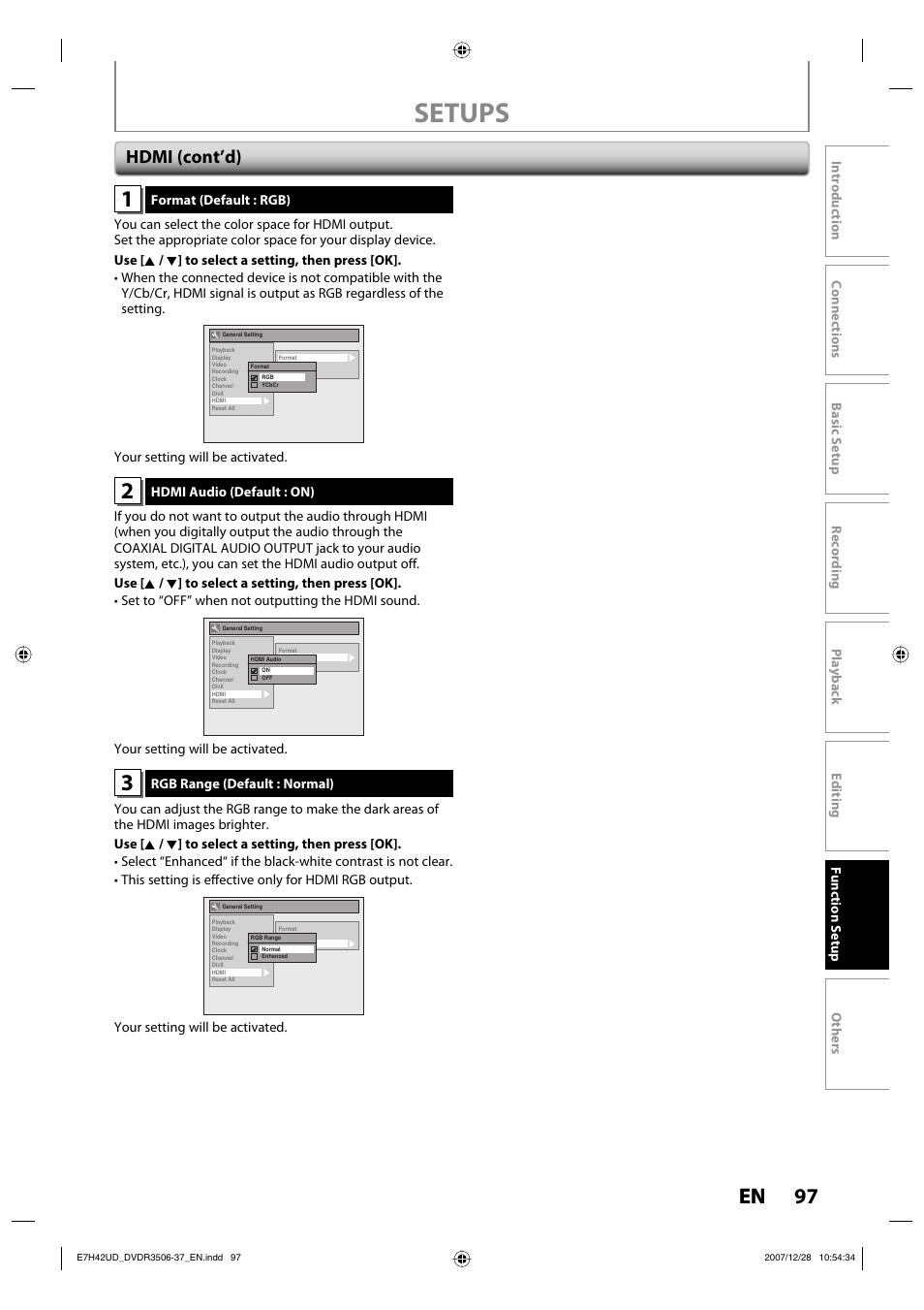 Setups, 97 en, Hdmi (cont’d) | Philips DVDR3537 User Manual | Page 97 / 108