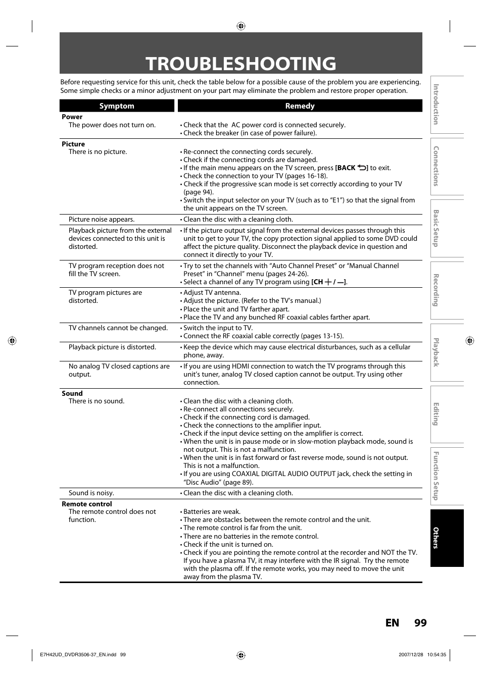 Troubleshooting, 99 en | Philips DVDR3537 User Manual | Page 99 / 108