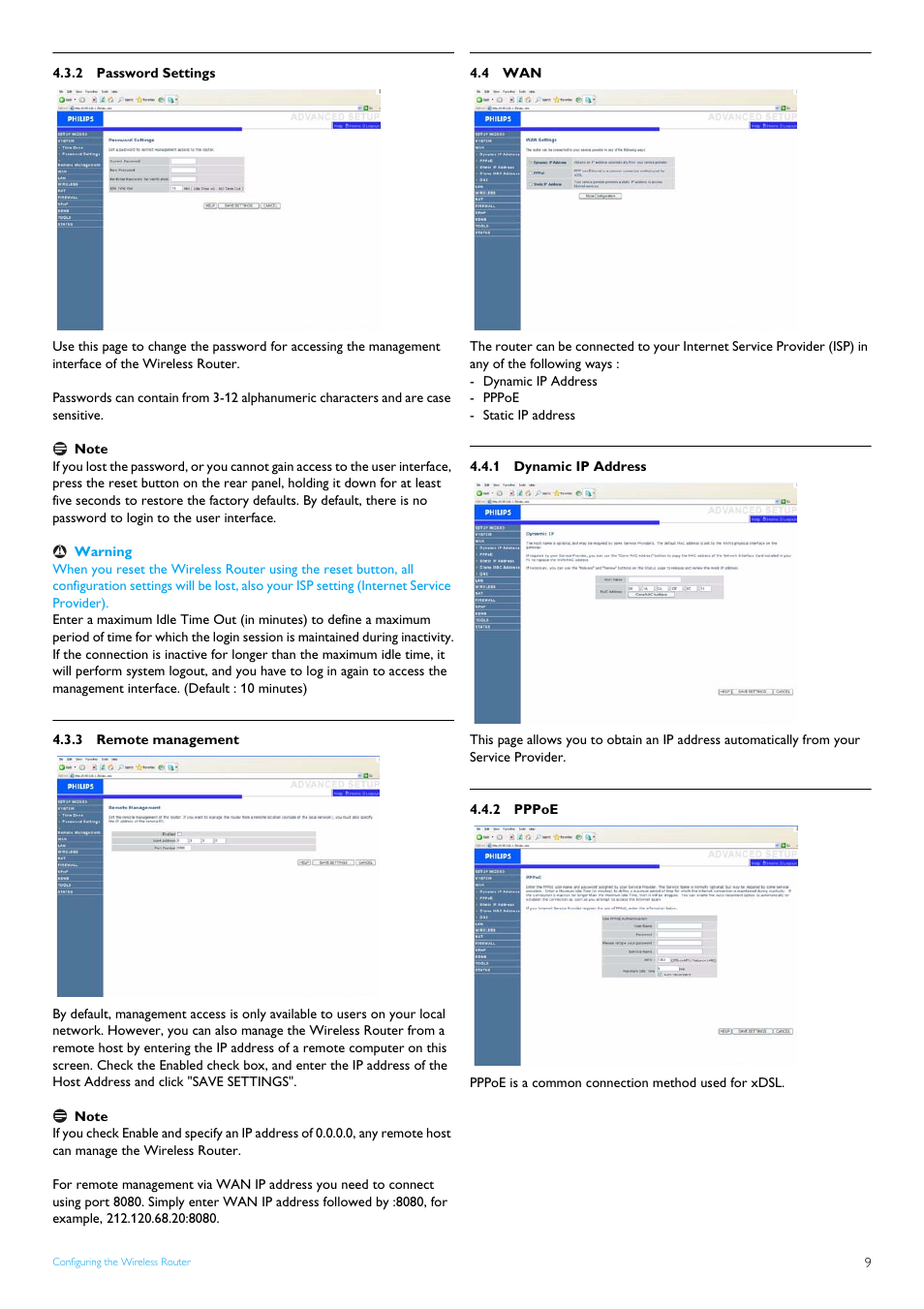 2 password settings, 3 remote management, 4 wan | 1 dynamic ip address, 2 pppoe, Password settings, Remote management, Dynamic ip address, Pppoe | Philips SNB5600 User Manual | Page 11 / 22