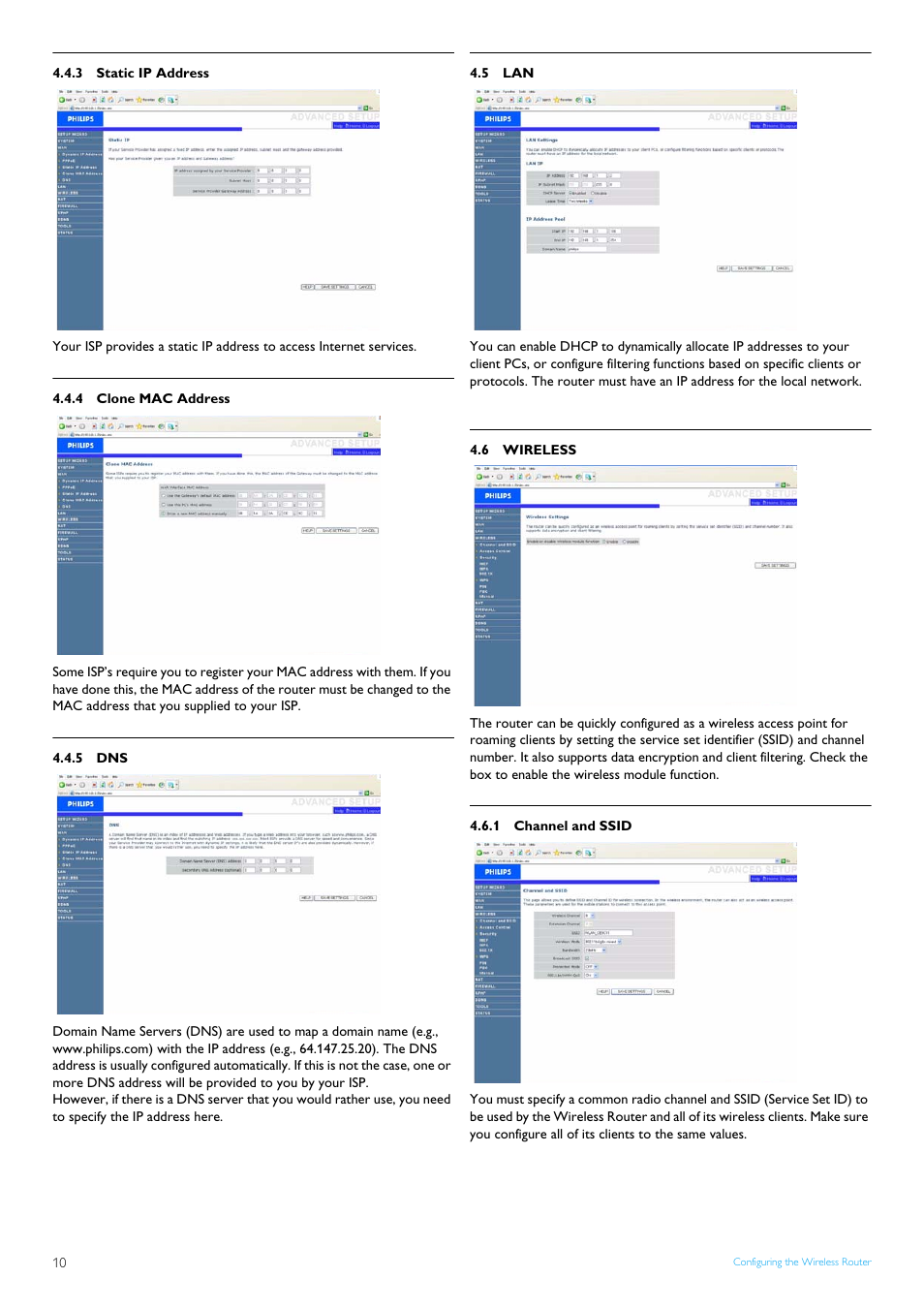 3 static ip address, 4 clone mac address, 5 dns | 5 lan, 6 wireless, 1 channel and ssid, Static ip address, Clone mac address, Wireless, Channel and ssid | Philips SNB5600 User Manual | Page 12 / 22