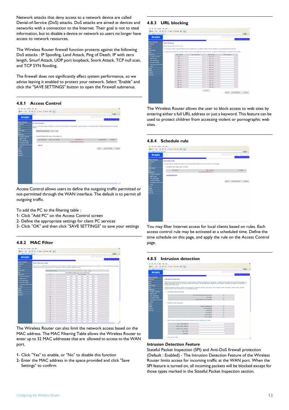 1 access control, 2 mac filter, 3 url blocking | 4 schedule rule, 5 intrusion detection, Intrusion detection feature, Access control, Mac filter, Url blocking, Schedule rule | Philips SNB5600 User Manual | Page 15 / 22