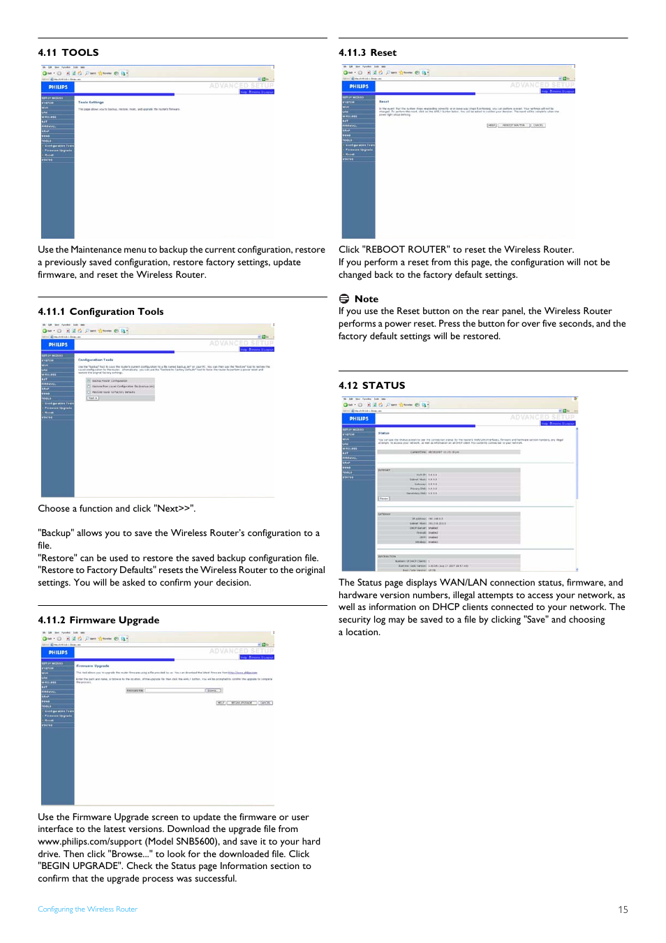 11 tools, 1 configuration tools, 2 firmware upgrade | 3 reset, 12 status, Tools, Configuration tools, Firmware upgrade, Reset, Status | Philips SNB5600 User Manual | Page 17 / 22