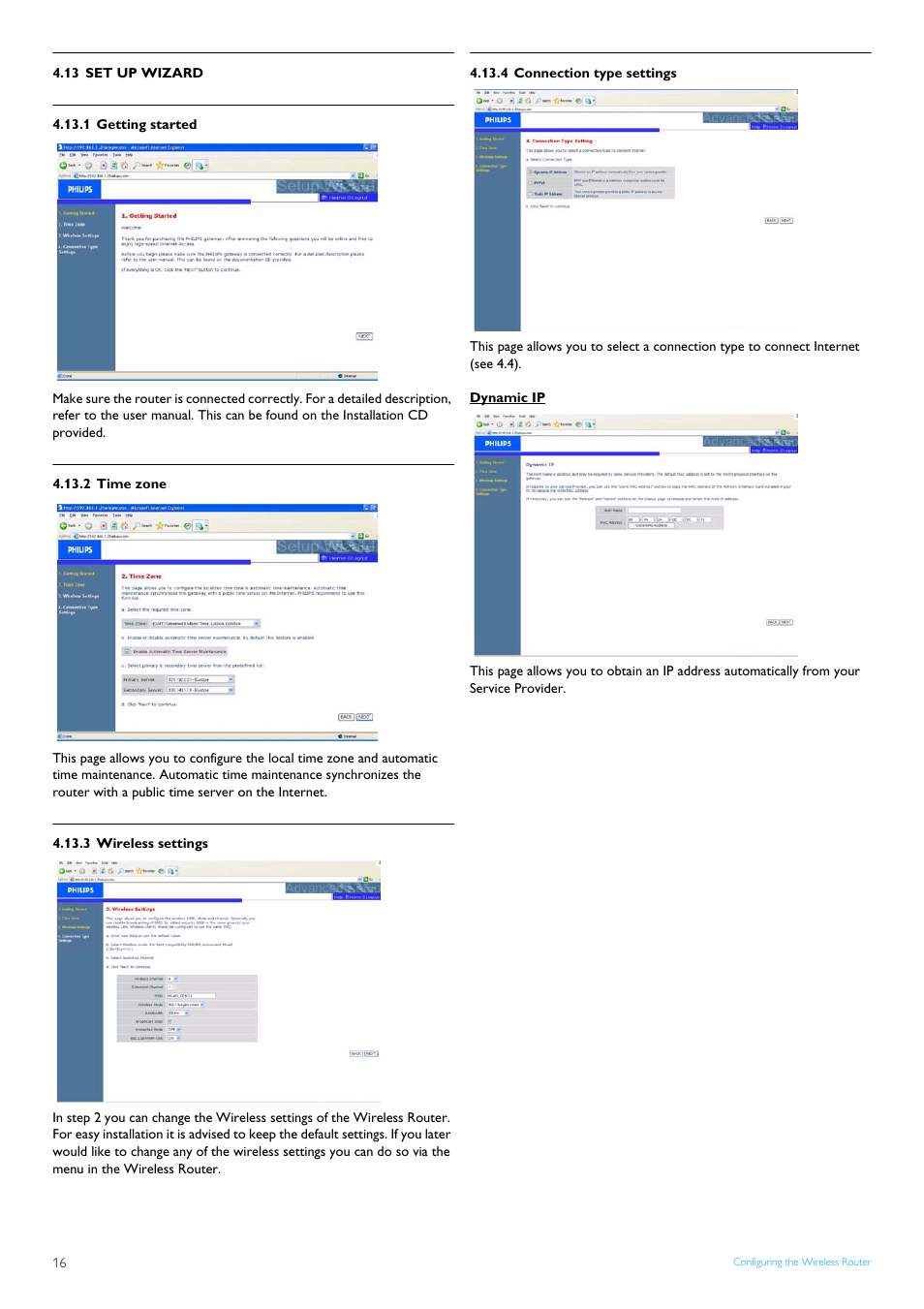 13 set up wizard, 1 getting started, 2 time zone | 3 wireless settings, 4 connection type settings, Dynamic ip, Set up wizard, Getting started, Time zone, Wireless settings | Philips SNB5600 User Manual | Page 18 / 22